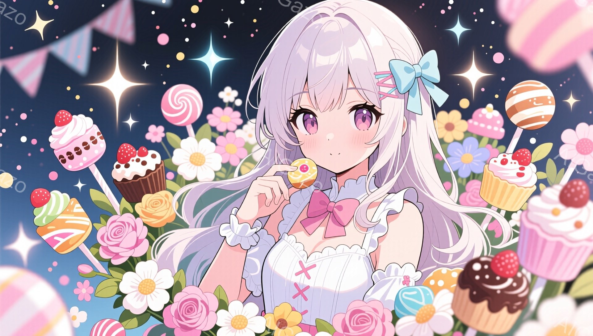白い長い髪に水色のリボンをつけた少女が描かれています。淡いピンク色のワンピースに、胸元に大きなリボンがあしらわれており、楽しそうな笑顔を浮かべています。背景にはカラフルなキャンディーや花が咲き乱れ、キ - AI生成フリー素材