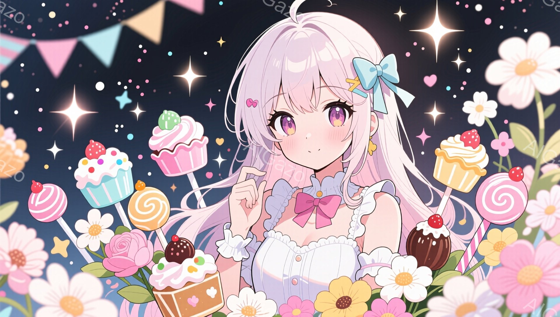 長い白髪の少女が、ピンクのリボンとフリルが飾られた白いワンピースを着ています。彼女は少し頬を赤らめ、微笑んでいます。背景には、キャンディやケーキ、そしてたくさんの花が咲き乱れ、キラキラとした星が散りば - AI生成フリー素材