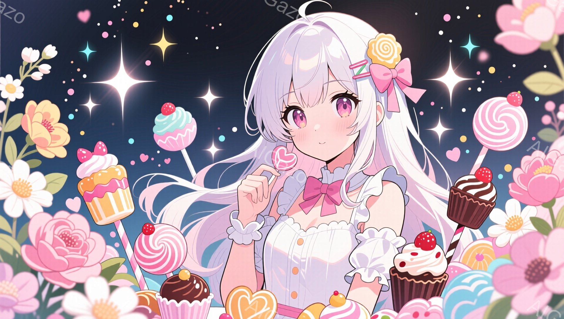 白い髪にピンクのリボンをつけた少女が、様々なキャンディやカップケーキに囲まれて描かれています。少女は微笑み、片手にハート型のキャンディを持って、可愛らしいポーズをとっています。背景にはピンクや白の花が咲き乱れ、キラキラとした光が舞い散る、夢のような甘い雰囲気が漂っています。