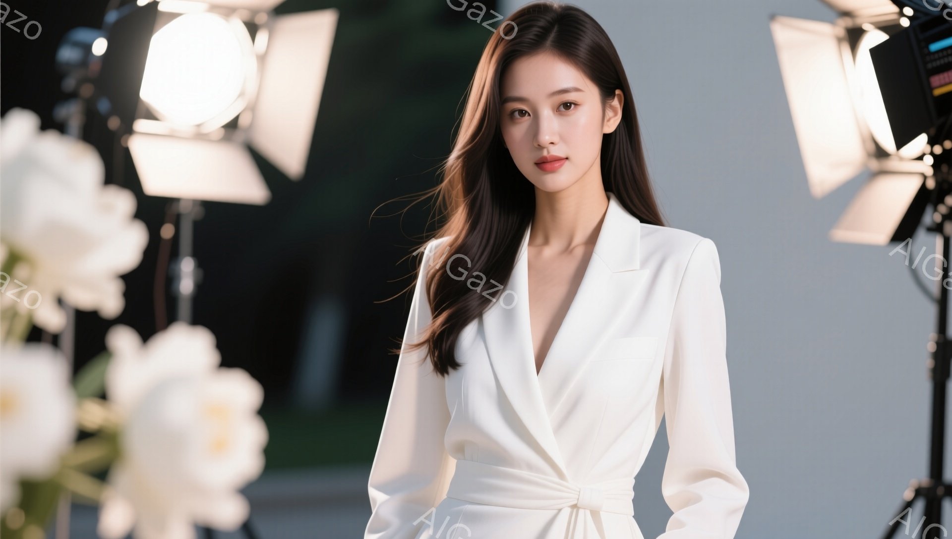 長い黒髪をなびかせた女性が、白いラップドレスを着て立っています。彼女はわずかに微笑み、カメラに向かって視線を送っています。背景には白い花と、映画撮影で使用されるような照明機材が写っており、全体的に洗練された雰囲気です。