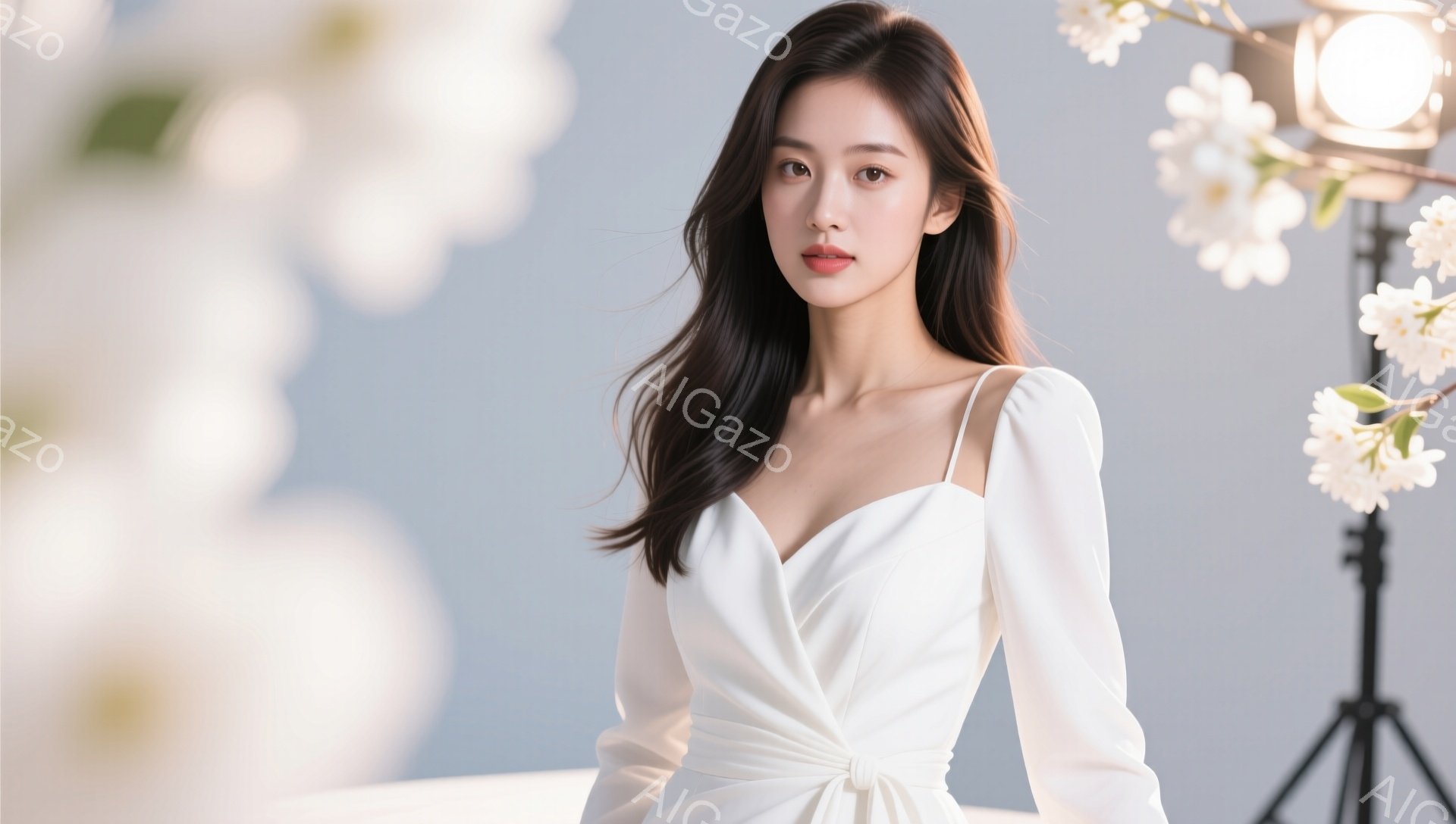 長い黒髪を優雅に肩にかける女性は、オフホワイトのVネック長袖ドレスを着用し、腰にリボンが付いています。彼女は正面をまっすぐ見て穏やかな微笑みを浮かべており、姿勢は優雅で堂々としています。背景は淡い青色で、白い花（桜のよう）が配置され、照明機材が確認でき、全体的に柔らかくロマンチックな雰囲気を醸し出しています。