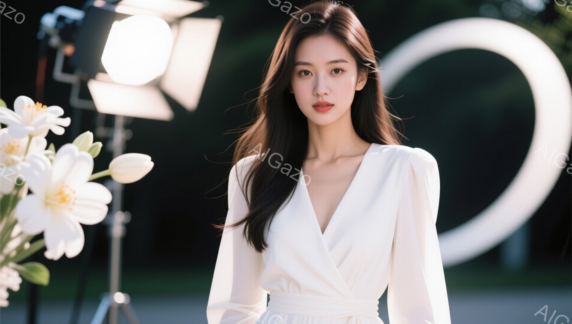 長い黒髪をなびかせ、白いVネックのロングドレスを着た女性が写っている。彼女はカメラに向かって微笑んでおり、その表情は優雅で洗練されている。背景には、撮影機材とぼやけた緑があり、全体的に上品で美しい雰囲気を醸し出している。