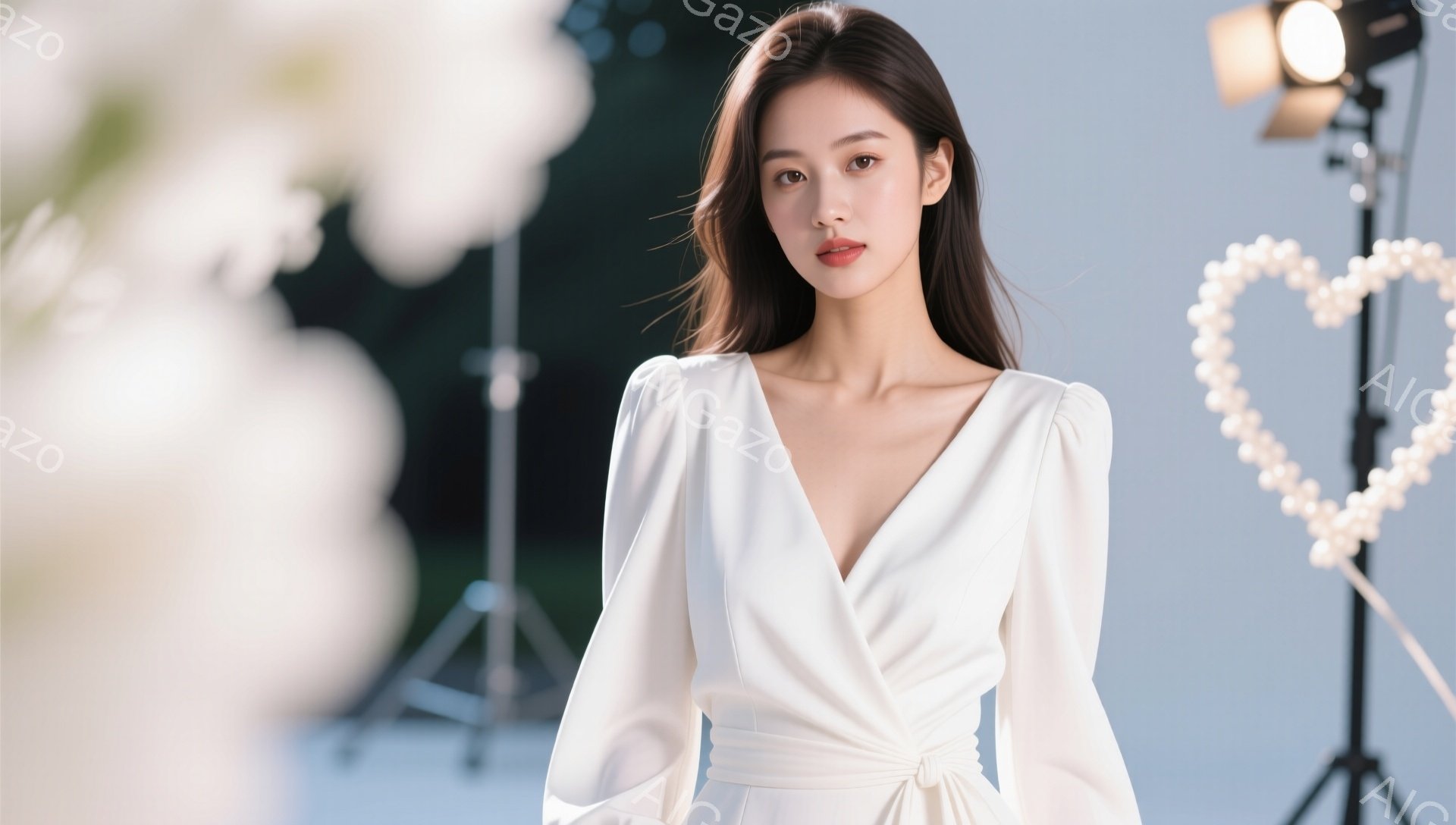 長い黒髪をセンターパートにした女性が、白いVネックのドレープドレスを着ています。彼女は優雅な姿勢で正面を見つめ、穏やかな微笑みを浮かべています。背景には、白い花や照明機材が見え、スタジオ撮影であることがわかります。