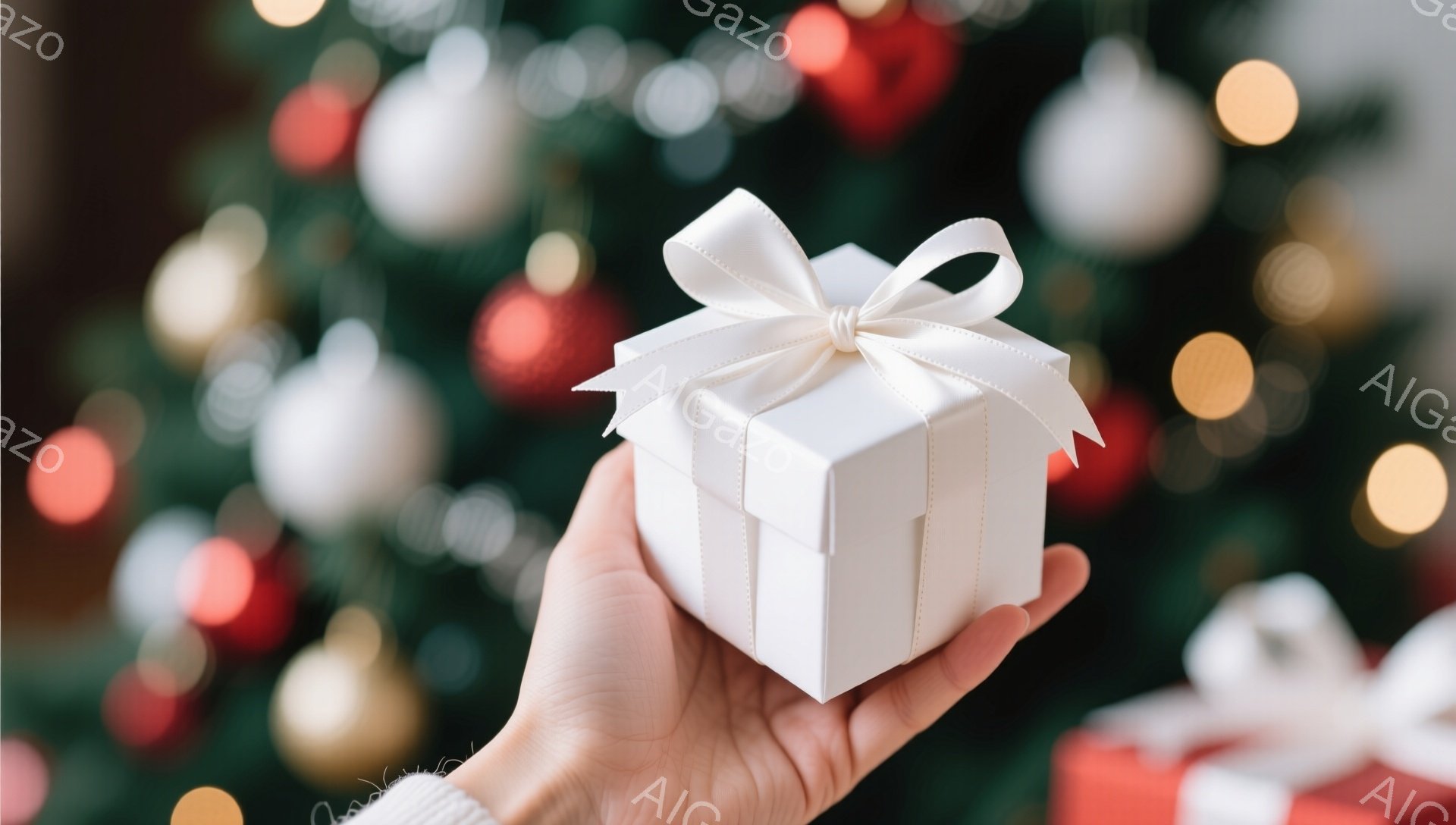 白いギフトボックスが、ぼやけたクリスマスツリーの背景に映る手の中で大切に抱えられている。ギフトボックスは白いリボンで美しく飾られ、贈り物への期待感や喜びを表現している。背景のクリスマスツリーは、緑と赤、金色のオーナメントで華やかに飾られ、温かく祝福的な雰囲気を醸し出している。