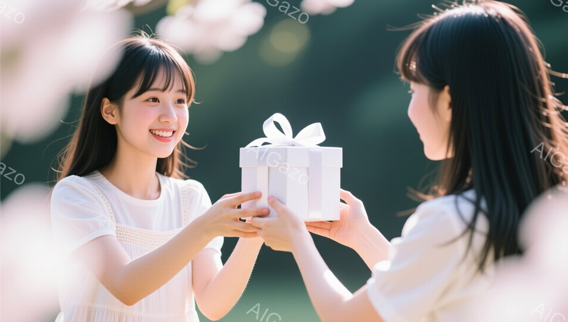 二人の若い女性がプレゼントを交換しています。どちらも白いトップスを着ており、片方の女性は笑顔でプレゼントを受け取ろうとしています。背景には、桜の花びらが舞うぼやけた緑の木々があり、春の暖かく優しい雰囲気を醸し出しています。