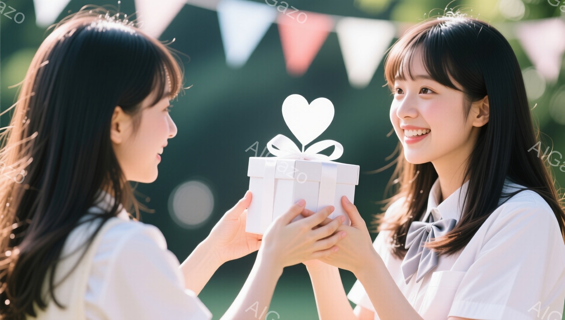 2人の若い女性が互いにプレゼントを交換しています。2人とも白いブラウスとグレーのリボンネクタイを着用し、黒髪で、微笑んでいます。背景には緑豊かな木々とぼやけたカラフルな旗が並び、暖かい日差しが差し込み、プレゼント交換を祝福するような明るい雰囲気を醸し出しています。