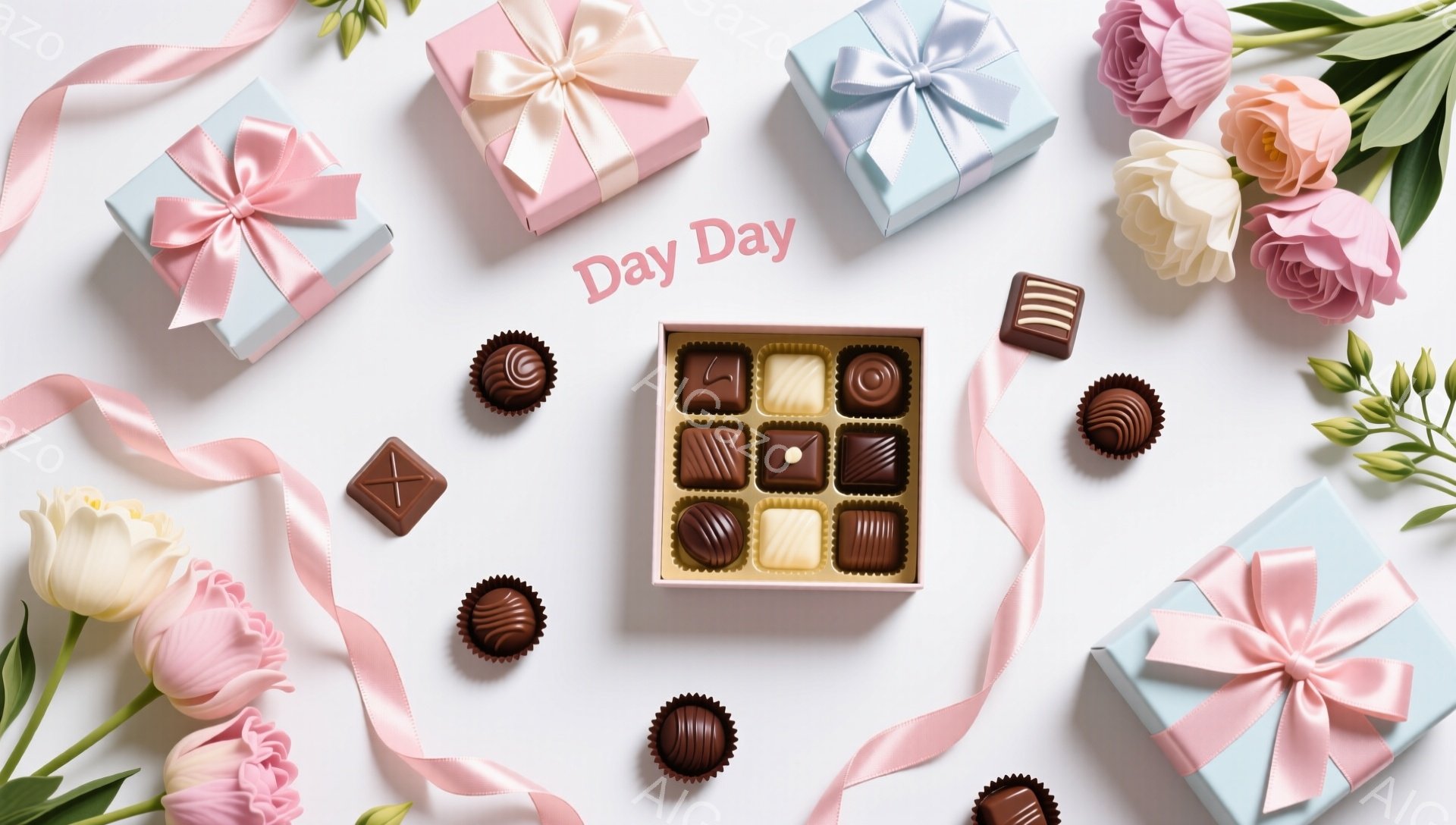 白い背景の上に、バラやチューリップなどの花、チョコレート、ギフトボックスが散りばめられています。チョコレートは様々な種類があり、ギフトボックスには9個のチョコレートが並んでいます。全体的に淡い色調で、春らしい、優しい雰囲気のイメージです。