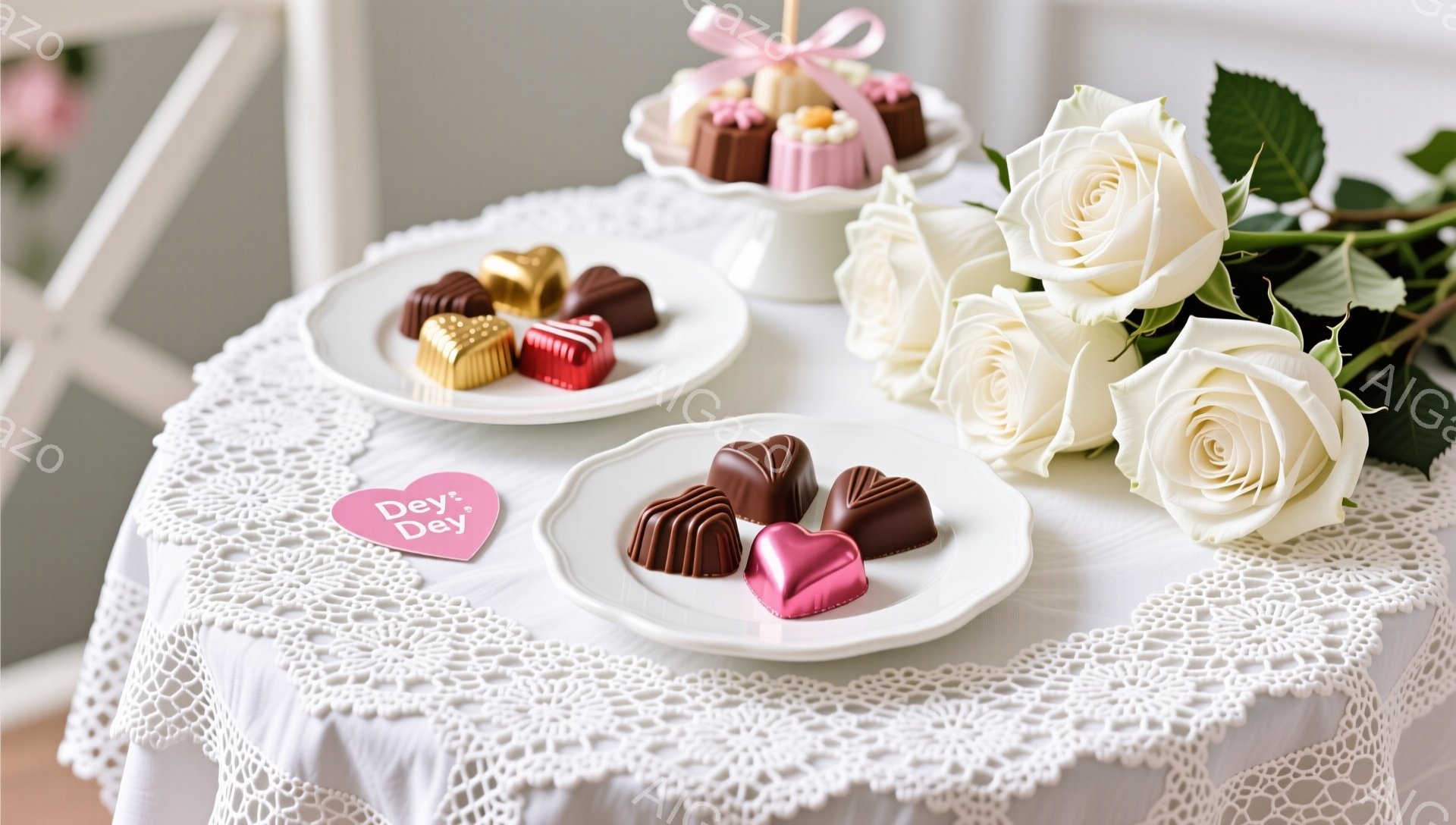 白いレース編みのテーブルクロスの上に、様々なチョコレートが並べられた白い皿が2つ置かれています。その隣には、白いバラの花束が飾られており、ピンク色のメッセージカードが添えられています。全体的に、バレンタインデーや特別なイベントを祝うための、優雅で甘い雰囲気の静物画です。