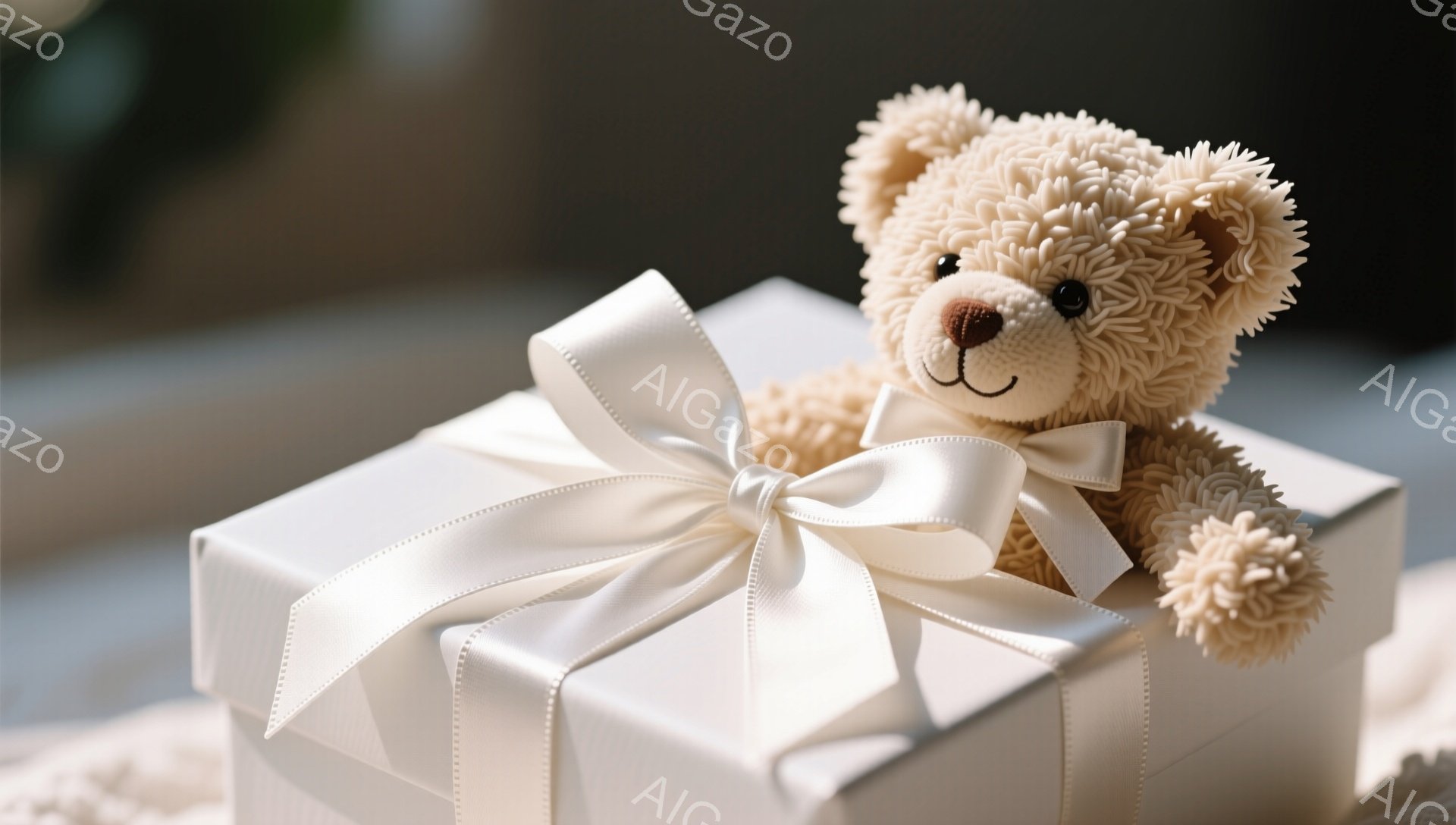 ふわふわの茶色のテディベアが、白いリボンで飾られた四角いギフトボックスの上に座っています。ベアは暗い目を持ち、穏やかな表情をしています。背景はぼやけており、柔らかい光が当たり、全体的に暖かく優しい雰囲気が漂っています。