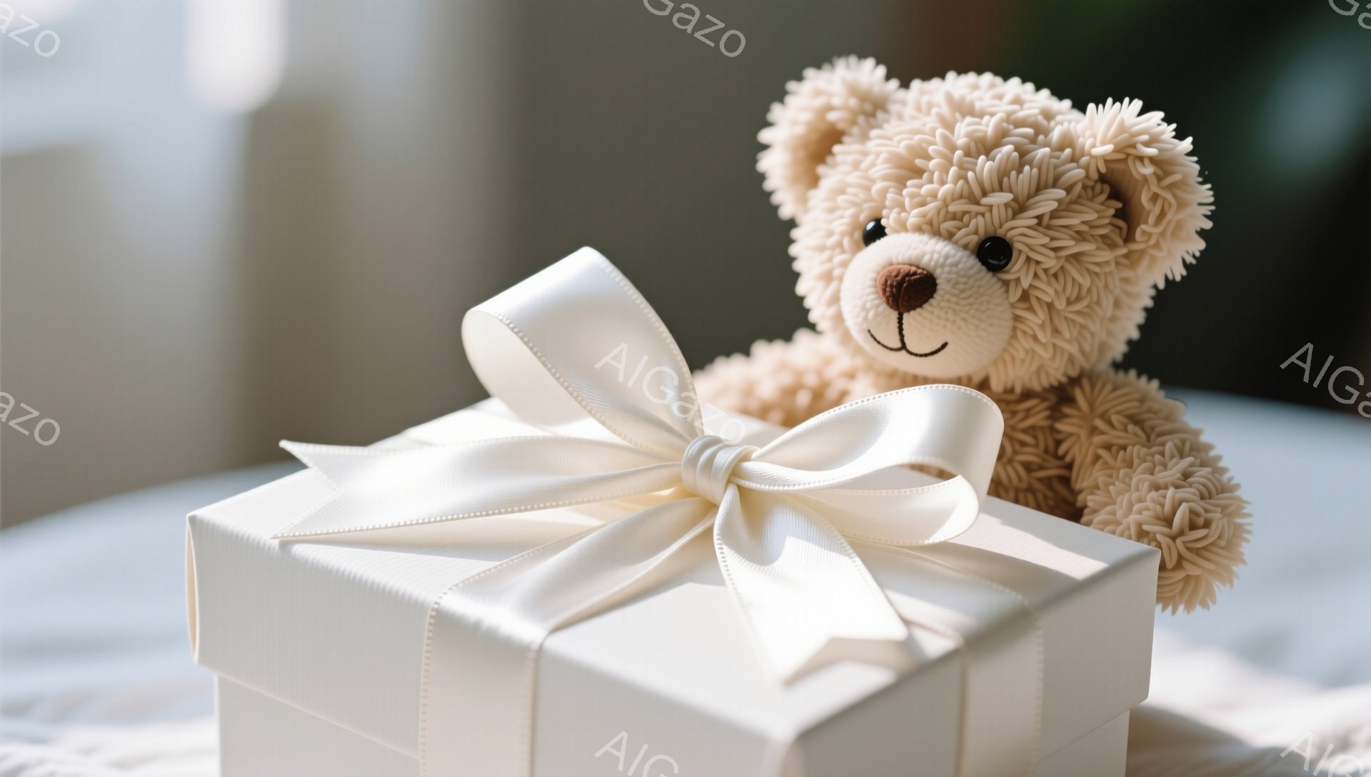 白いギフトボックスに、ふわふわの茶色のテディベアが寄り添っています。ベアは黒い目を持ち、優しい表情をしています。背景はぼやけており、柔らかく温かい雰囲気を醸し出しています。