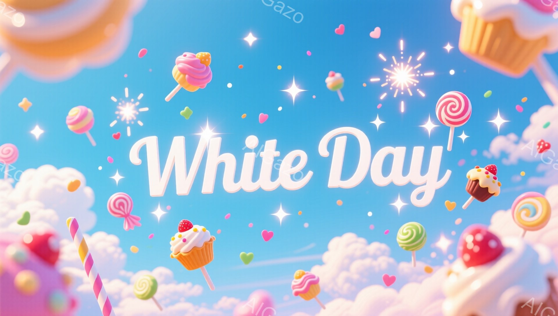 鮮やかな青空を背景に、カラフルなキャンディーやケーキが浮かぶファンタジーな光景です。雲はピンク色を帯び、お菓子と共に夢のような世界観を演出しています。全体的にパステルカラーで統一され、キラキラとしたエフェクトが加わり、甘くて可愛らしい雰囲気が漂っています。