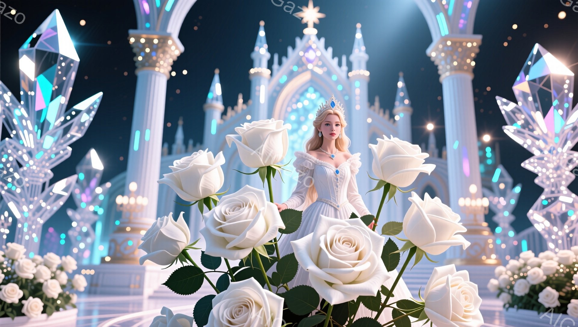 白い豪華なガウンを身に着けた女性が、白いバラに囲まれて立っています。彼女は金色の髪をカールさせ、ティアラをつけ、微笑みを浮かべています。背景には、輝く白い彫刻や建物が並び、まるで夢のような幻想的な雰囲 - AI生成フリー素材