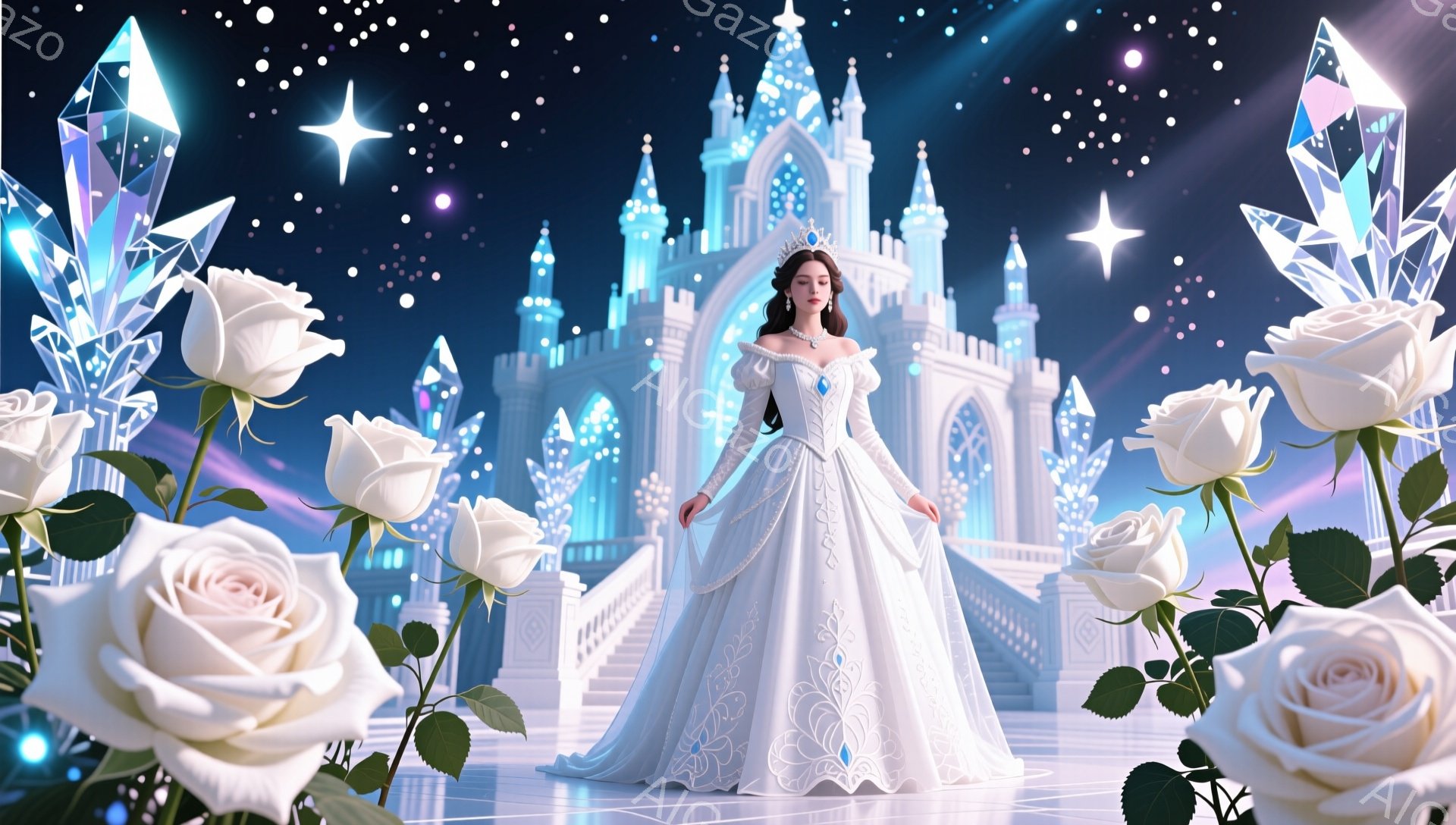 白い豪華なガウンを身につけた女性が、壮大な氷の城の前で優雅に立っている。彼女は美しいブロンドの髪をまとめ、ティアラをつけ、青い宝石のペンダントを身につけている。背景にはきらめく星空と、氷の彫刻が並び、全体的に幻想的でロマンチックな雰囲気が漂っている。