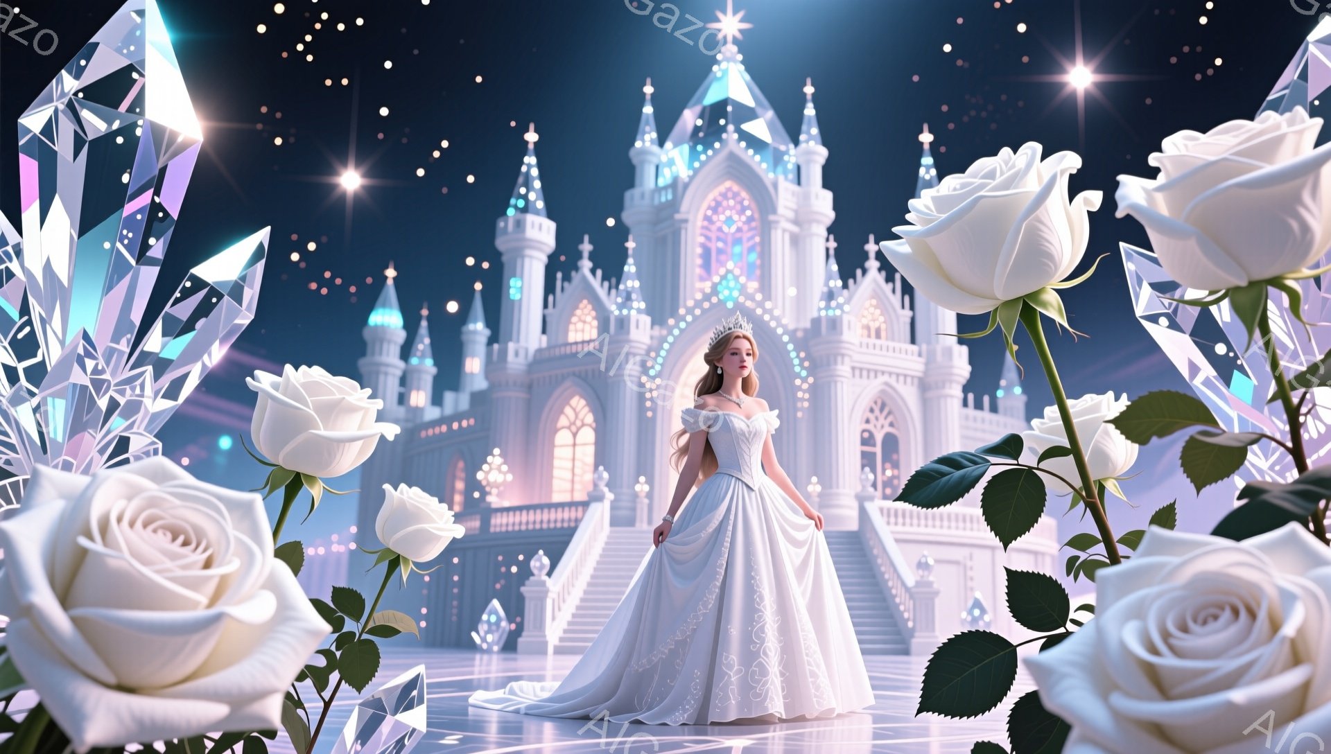 白い豪華なドレスを身につけた女性が、壮大なゴシック様式の城の前でポーズをとっています。彼女は金髪の巻き髪に王冠をつけ、穏やかな微笑みを浮かべています。背景には星空が広がり、城はライトアップされ、バラの花が前景に咲き誇り、夢のような雰囲気を醸し出しています。