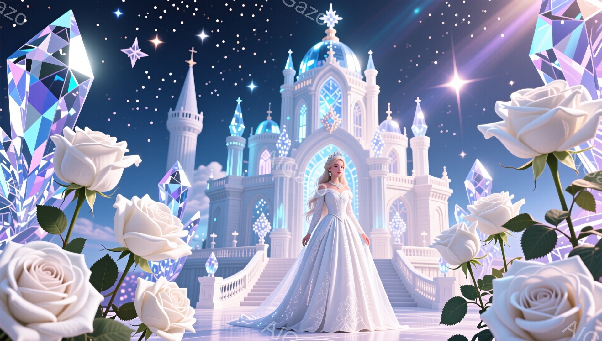 白い豪華なドレスを身につけた女性が、壮大なゴシック様式の城の前で立っている。彼女は金髪をカールさせて編み込み、ティアラを付けており、穏やかな微笑みを浮かべている。背景には星空が広がり、白いバラが彼女を取り囲むように咲き誇り、ファンタジーと優雅さが漂う雰囲気を作り出している。