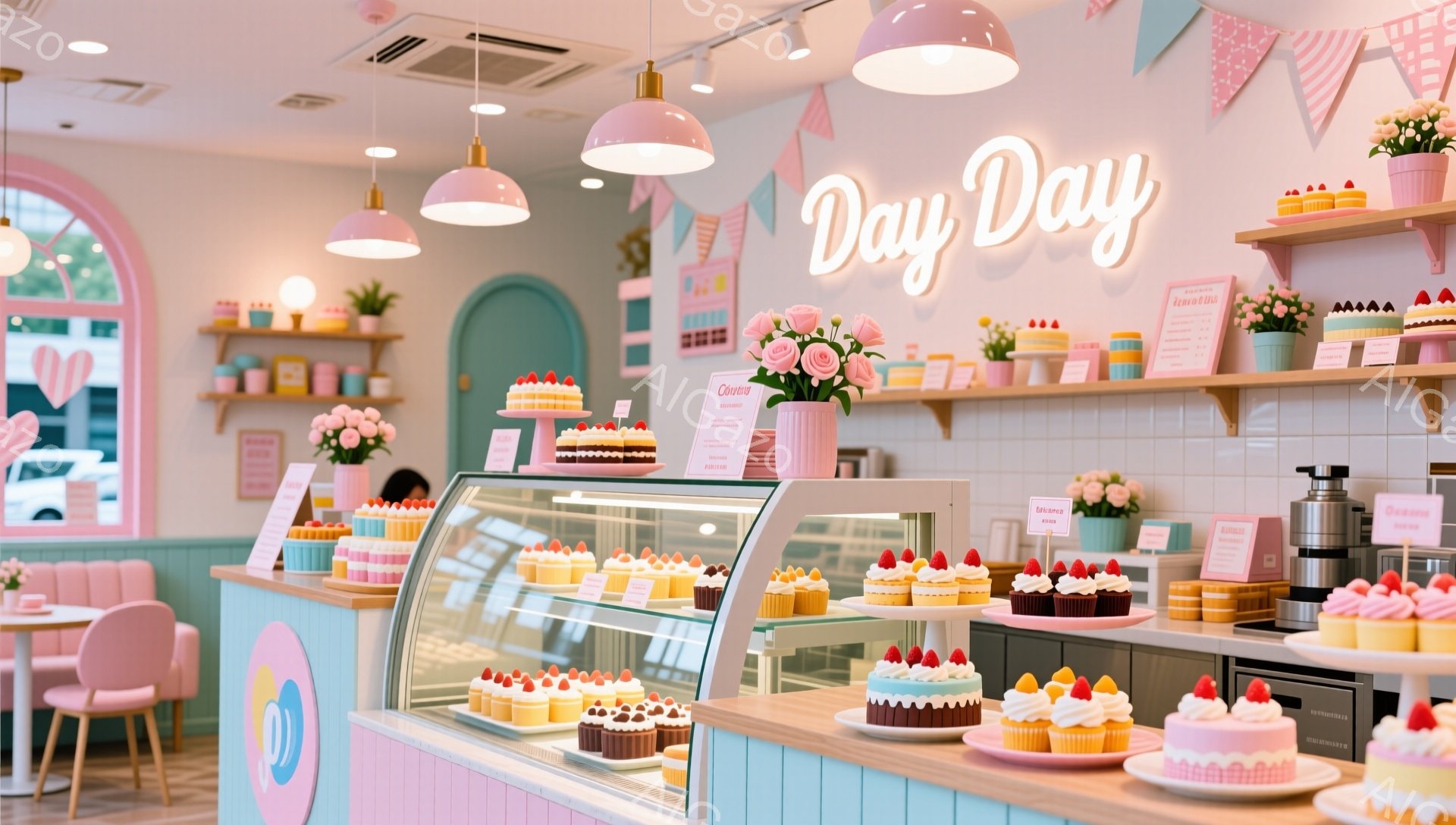 パステルカラーを基調としたケーキ屋の店内です。ショーケースには、イチゴやクリームで飾られた可愛らしいケーキが並び、壁には「Day」と書かれたネオンサインが飾られています。全体的に明るく、甘い香りが漂うような、夢のような雰囲気です。