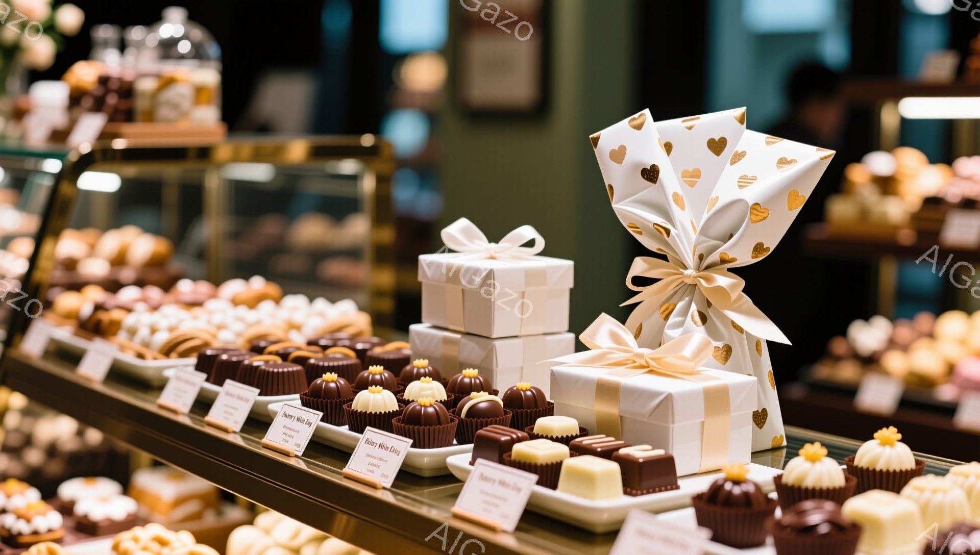 ショーケースの中に、様々なチョコレートやペストリーが整然と並べられています。背景には、さらに多くのスイーツがぼんやりと見え、ギフトボックスがディスプレイの中心に置かれています。明るい照明と整然とした配置が、上品で洗練された雰囲気を醸し出しています。