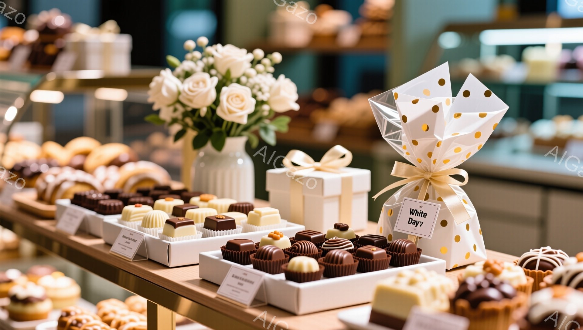 ショーケースの中に、様々なチョコレートが丁寧に並べられています。白、茶色、ゴールドの美しい色合いが食欲をそそり、ギフトボックスと白い花が上品な雰囲気を醸し出しています。背景には他の焼き菓子が見え、まるで高級パティスリーのショーケースのようです。