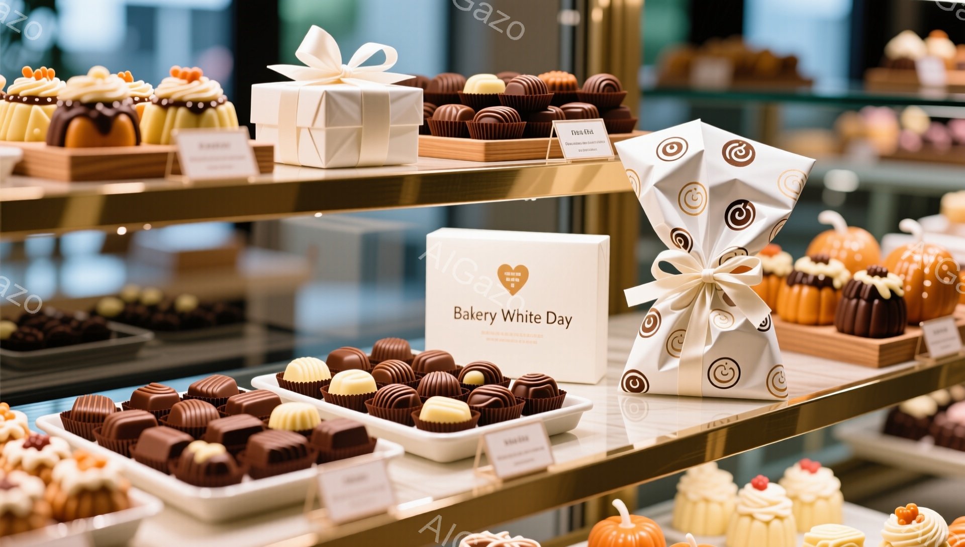 ショーケースの中に、様々なチョコレート菓子が美しく並べられています。白、茶色、金色のラッピングが華やかで、バレンタインやホワイトデーのギフトにふさわしい上品な雰囲気です。背景にはぼんやりと店内の様子が見え、全体的に明るく清潔感のある印象を与えます。