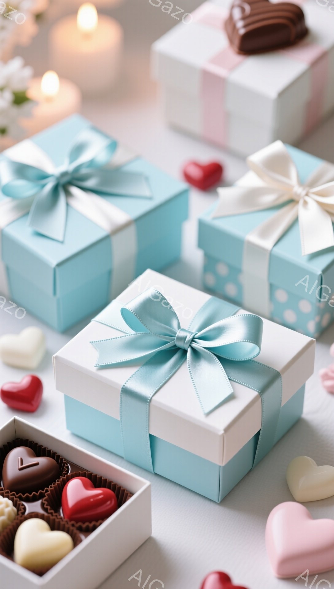 淡い水色のギフトボックスが、白いリボンで上品に飾られ、テーブル上に並べられています。チョコレートの詰め合わせの箱とハート型のチョコレートが散りばめられており、ロマンチックで甘い雰囲気を醸し出しています。背景にはぼんやりとキャンドルが見え、バレンタインデーや特別な日の贈り物を示唆しています。