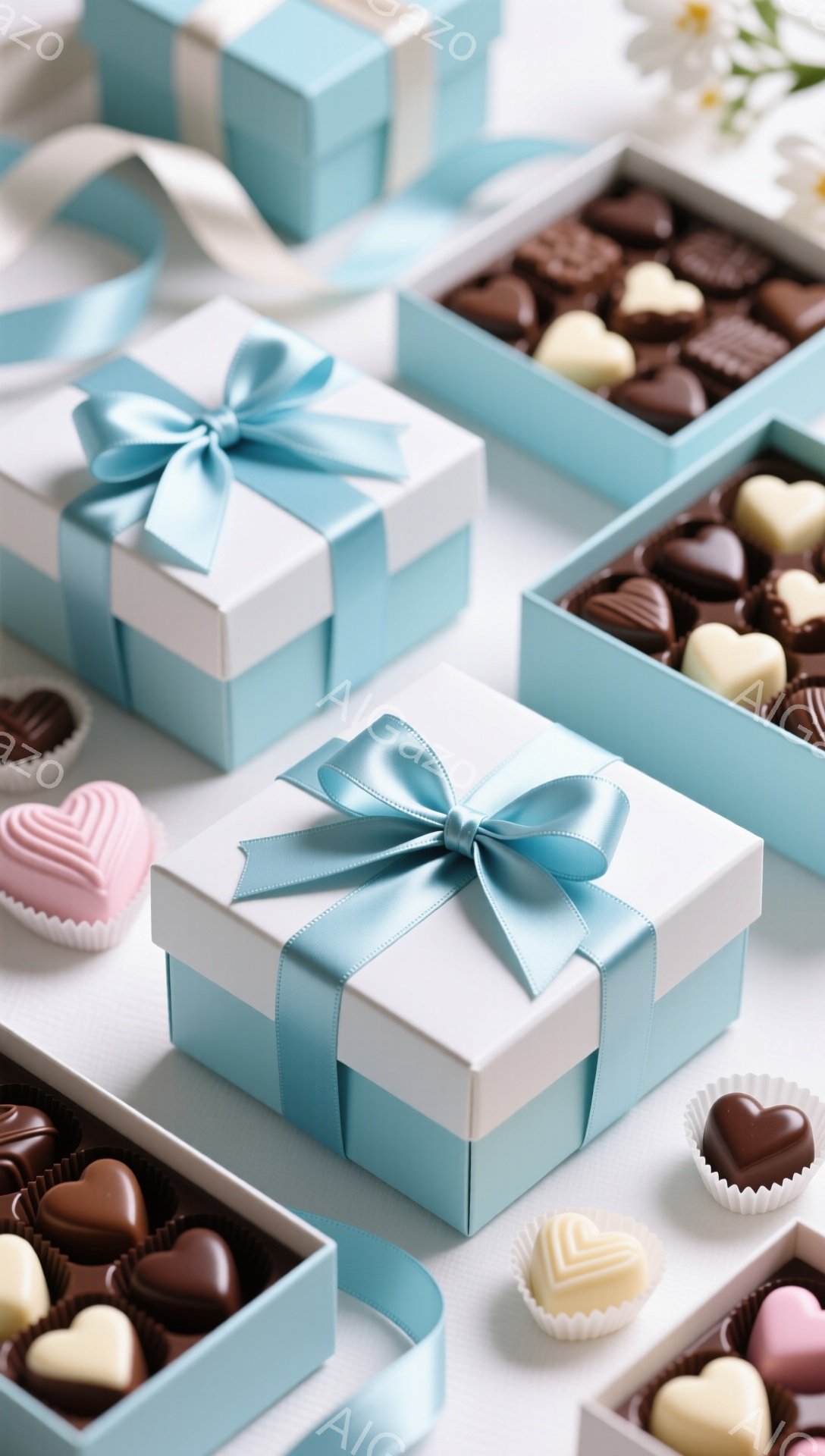 白い箱が水色のリボンで飾られ、チョコレートが並べられています。チョコレートは様々な色合いで、ハート型や正方形など形も様々です。背景は白く、全体的に柔らかく、甘い雰囲気が漂っています。 - AI生成フリー素材