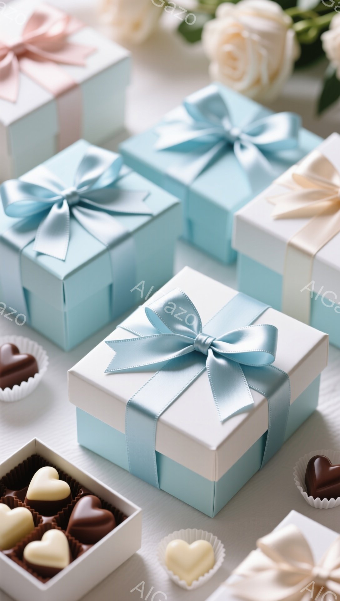 淡い水色と白のギフトボックスがいくつか、薄いピンクのリボンや水色のリボンで飾られて並べられています。ボックスの周りには、チョコレートや白い紙製のカップに入ったチョコレートが散らばり、背景にはぼやけた白いバラが見えます。全体的に柔らかく、ロマンチックで、お祝い事や特別な機会を連想させる雰囲気です。
