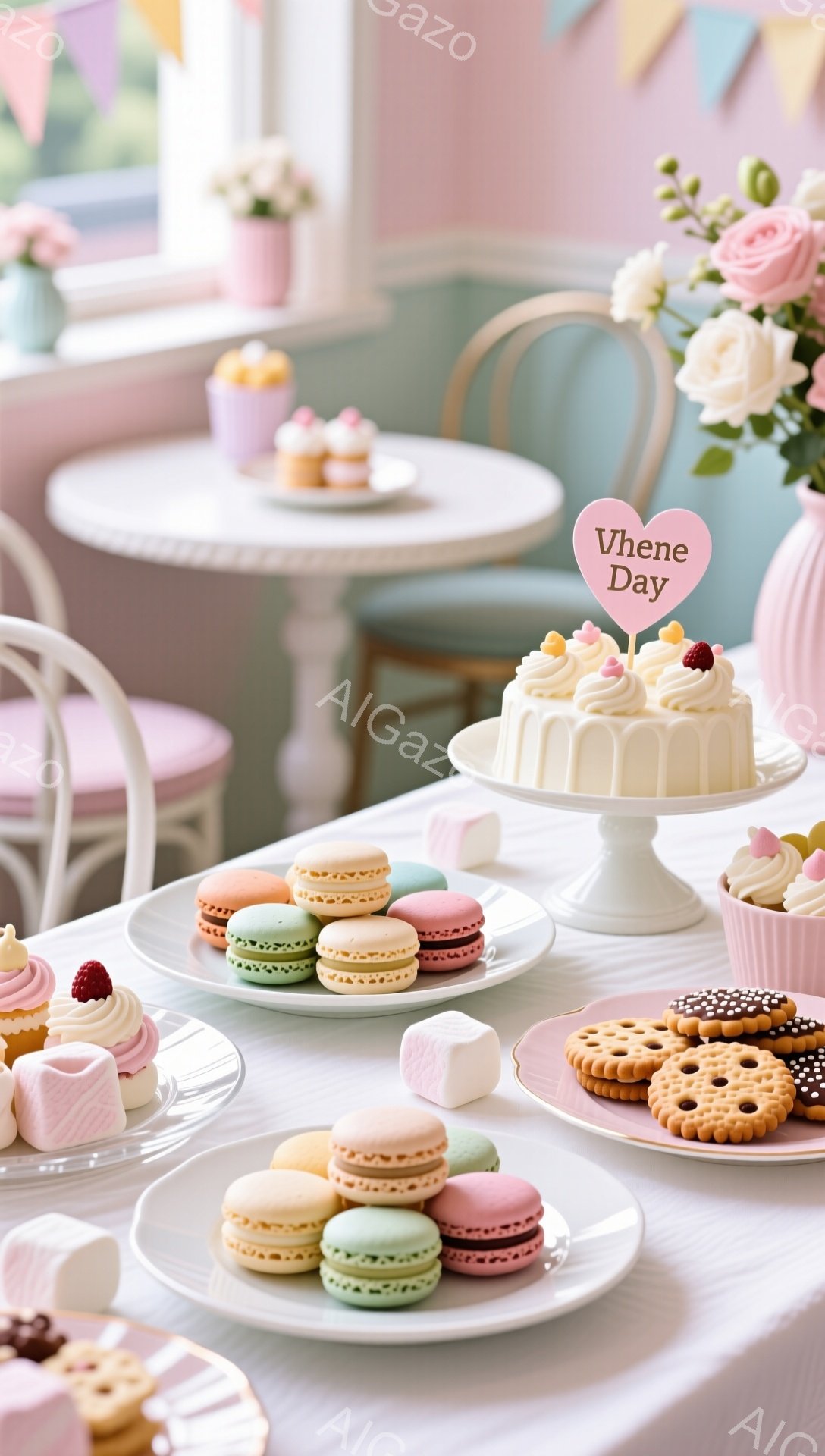 白いテーブルの上に、カラフルなマカロン、クッキー、小さなケーキが美しく並べられています。背景にはパステルブルーの椅子と、花が飾られたテーブルがあり、薄いピンクのガーランドが飾られており、華やかで可愛ら - AI生成フリー素材