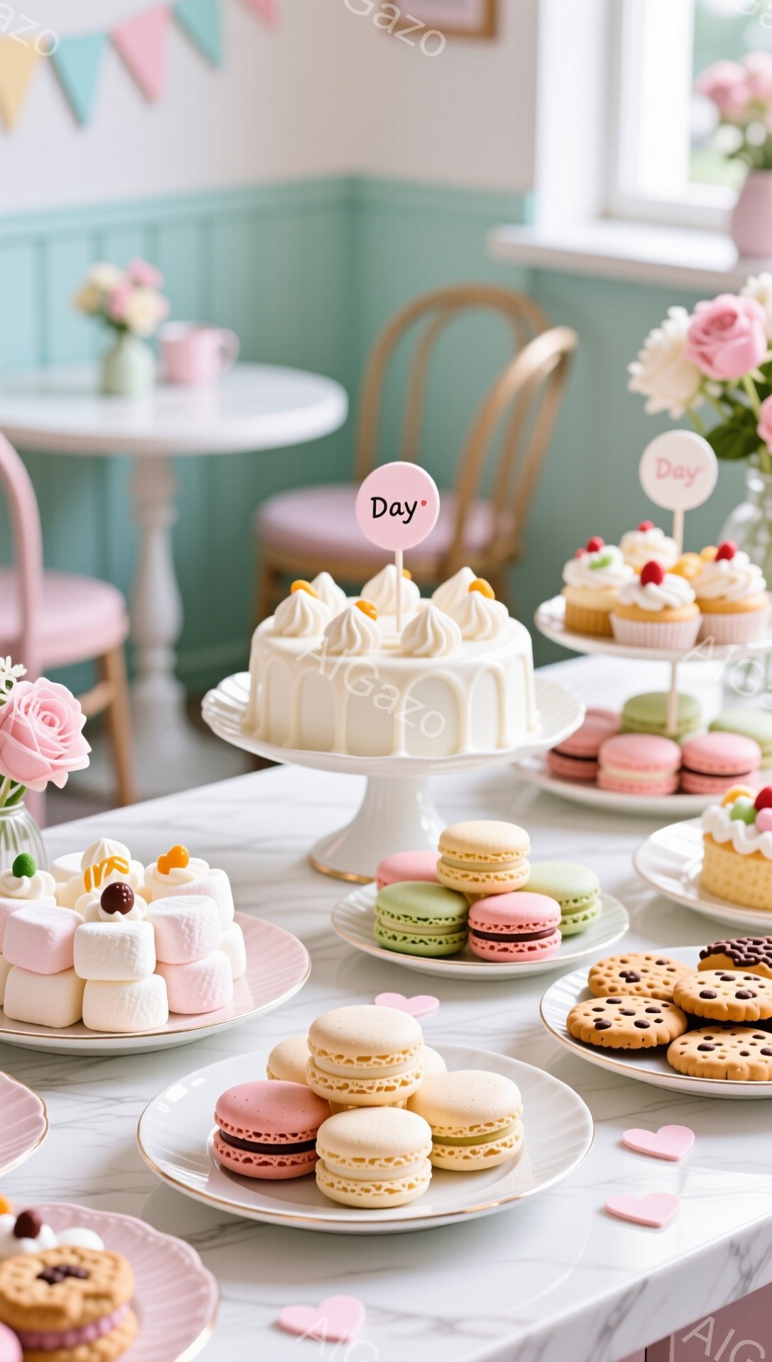 白い大理石のテーブルの上には、カラフルなマカロン、マシュマロ、クッキー、そしてクリームを重ねたケーキが並んでいます。「Day」と書かれた飾りとハートの紙吹雪が可愛らしさを添え、パステルカラーの椅子と背景が、優しい春の雰囲気を醸し出しています。全体的に、お祝いやティーパーティーを連想させる、甘くて幸せな光景です。