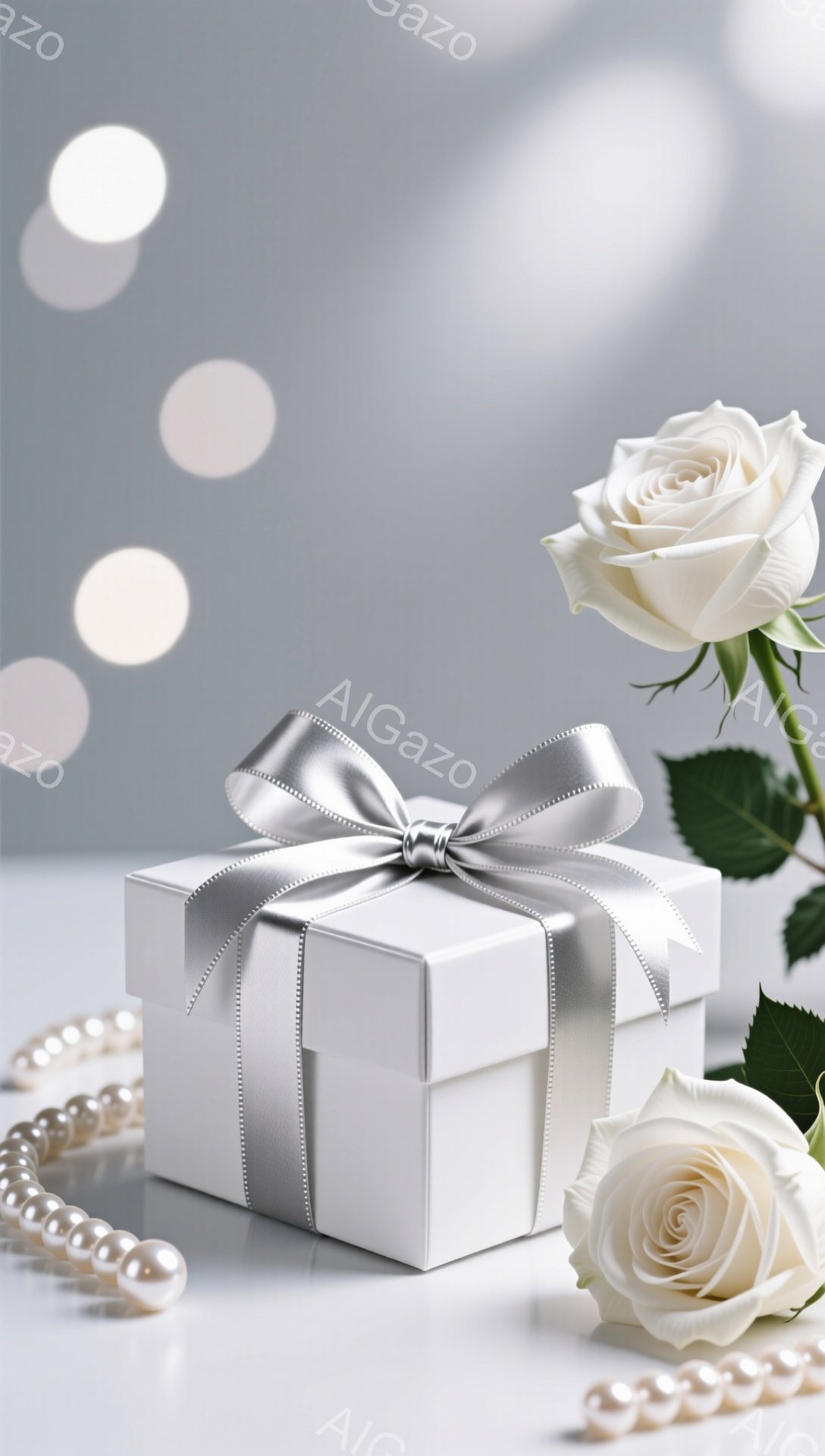 白いギフトボックスが写真の中央に配置され、銀色のリボンで飾られています。ギフトボックスの周りには、真珠のネックレスと2つの白いバラが置かれており、背景は淡いグレーで、ぼやけた光の円が点在しています。全体的に、優雅で洗練された雰囲気で、贈り物や特別な機会を想起させます。