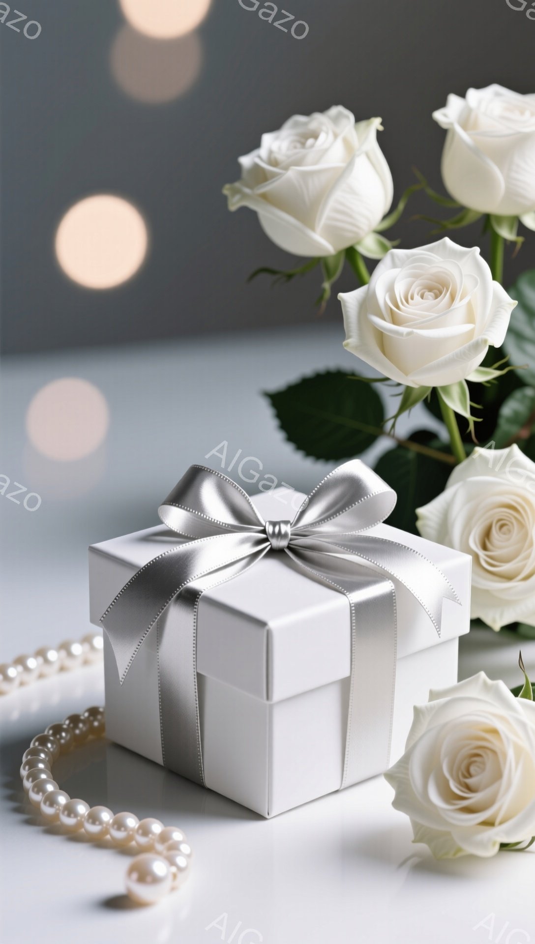 白いバラと真珠のネックレスに囲まれた、銀色のギフトボックスが中央に配置されています。箱はリボンで美しく飾られ、上品な雰囲気を醸し出しています。背景はグレーがかった色合いで、ぼやけた光の玉が散りばめられ、ロマンチックで落ち着いたムードを演出しています。