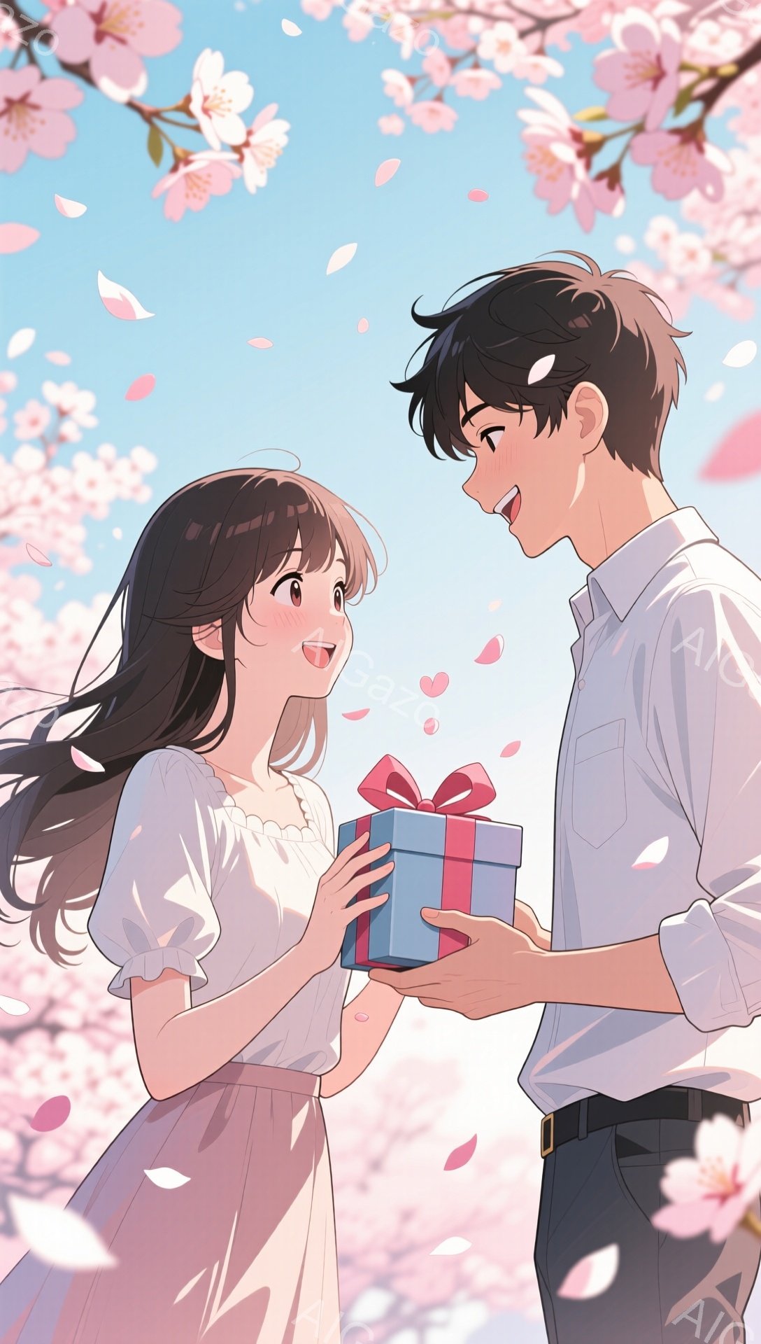 長い黒髪の少女が、ピンク色のワンピースを着て、喜びの表情で青いリボンがついた箱を受け取っています。 少年は白いシャツと黒いズボンを着用し、微笑みながら少女に箱を差し出しています。 背景には桜の花びらが舞い散り、春の暖かくロマンチックな雰囲気を醸し出しています。