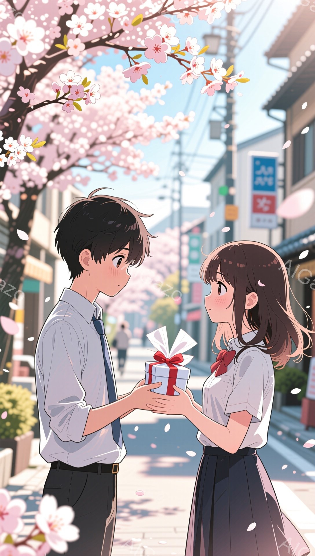少年は少女にプレゼントを渡そうとしており、彼女は少し照れながらそれを受け取ろうとしている。二人はそれぞれ制服を着ており、桜の花びらが舞う春の街並みを背景に、穏やかでロマンチックな雰囲気が漂っている。背景には建物や道路が見え、天気は晴れで、暖かく穏やかな一日であることが伺える。