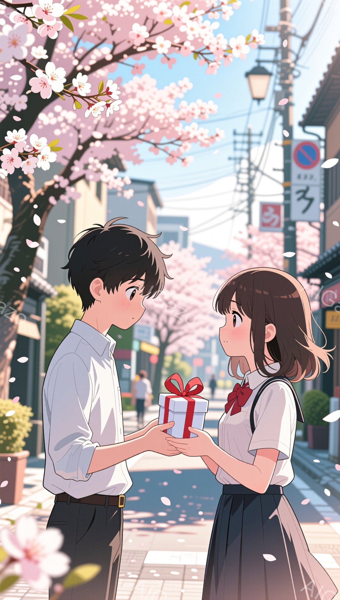 少年は赤いリボンが付いた小さなプレゼントを少女に差し出しています。少女は少し頬を赤らめ、満面の笑みでそれを受け取ろうとしています。背景には桜が舞い散る春の街並みが広がり、商店や電柱、青空が描かれており、暖かくロマンチックな雰囲気が漂っています。
