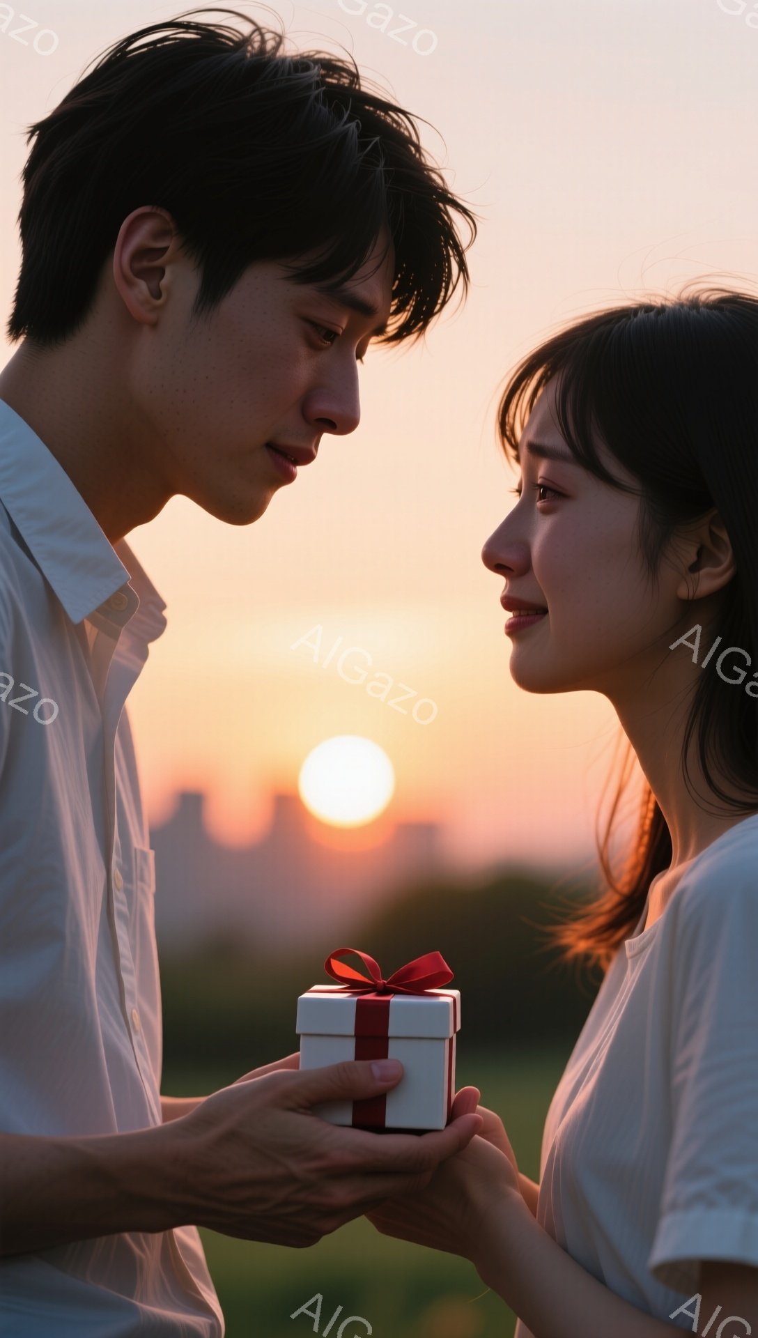 若い男性が若い女性に白い箱のプレゼントを差し出しています。男性は白いシャツを着ており、女性も白いシャツを着て、髪を後ろに少し束ねています。背景は夕焼けで、オレンジ色の空と遠くの建物が見え、ロマンチックで温かい雰囲気が漂っています。