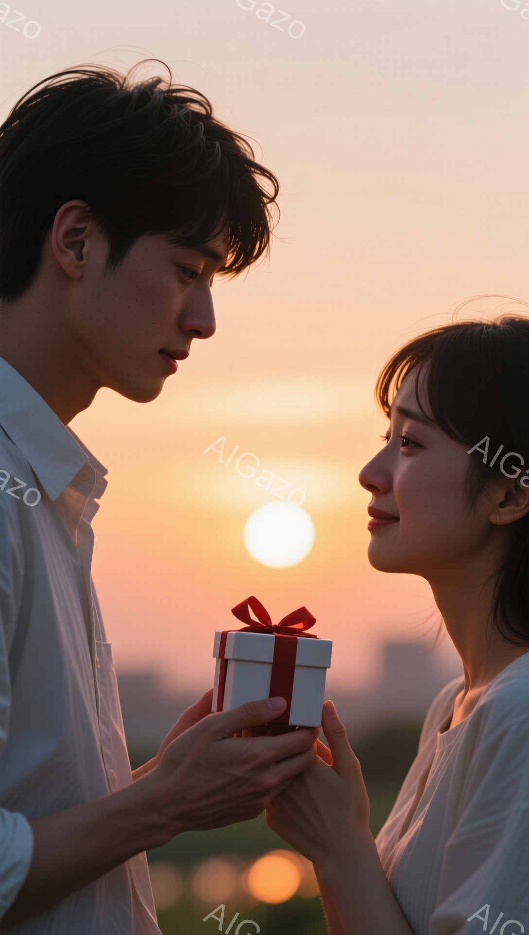 夕焼けを背景に、一人の男性が女性に小さな白いギフトボックスを手渡そうとしています。男性は白いシャツを着ており、髪は短く整えられています。女性も白いトップスを着ており、長い黒髪を後ろに流しています。二人は互いに微笑み合い、ロマンチックで温かい雰囲気が漂っています。