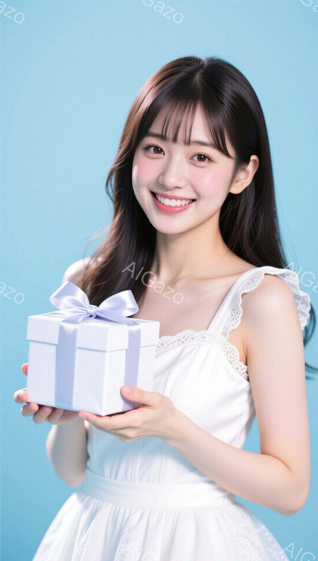 長い黒髪を肩のあたりで揺らし、白いレースの装飾が施されたキャミソール風のワンピースを着た若い女性が写っている。彼女は満面の笑みを浮かべ、両手で白いリボン付きのギフトボックスを持っている。背景は淡い水色 - AI生成フリー素材