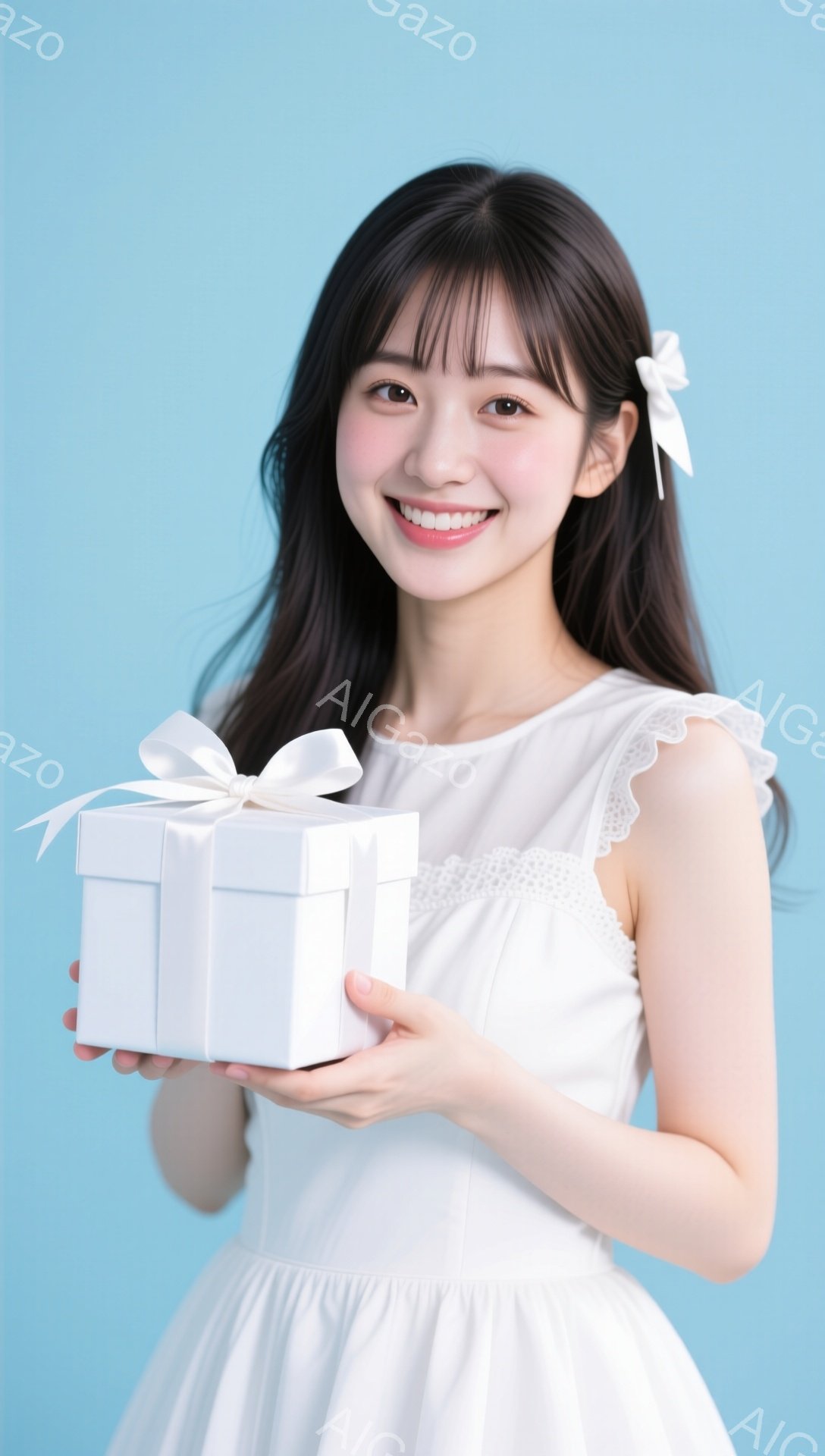 若い女性が白いドレスを着て、両手で白いギフトボックスを持っています。彼女は微笑んでおり、髪は長く、前髪はふさふさとしていて、リボンで結ばれています。背景は水色で、人物に焦点が当てられています。 - AI生成フリー素材