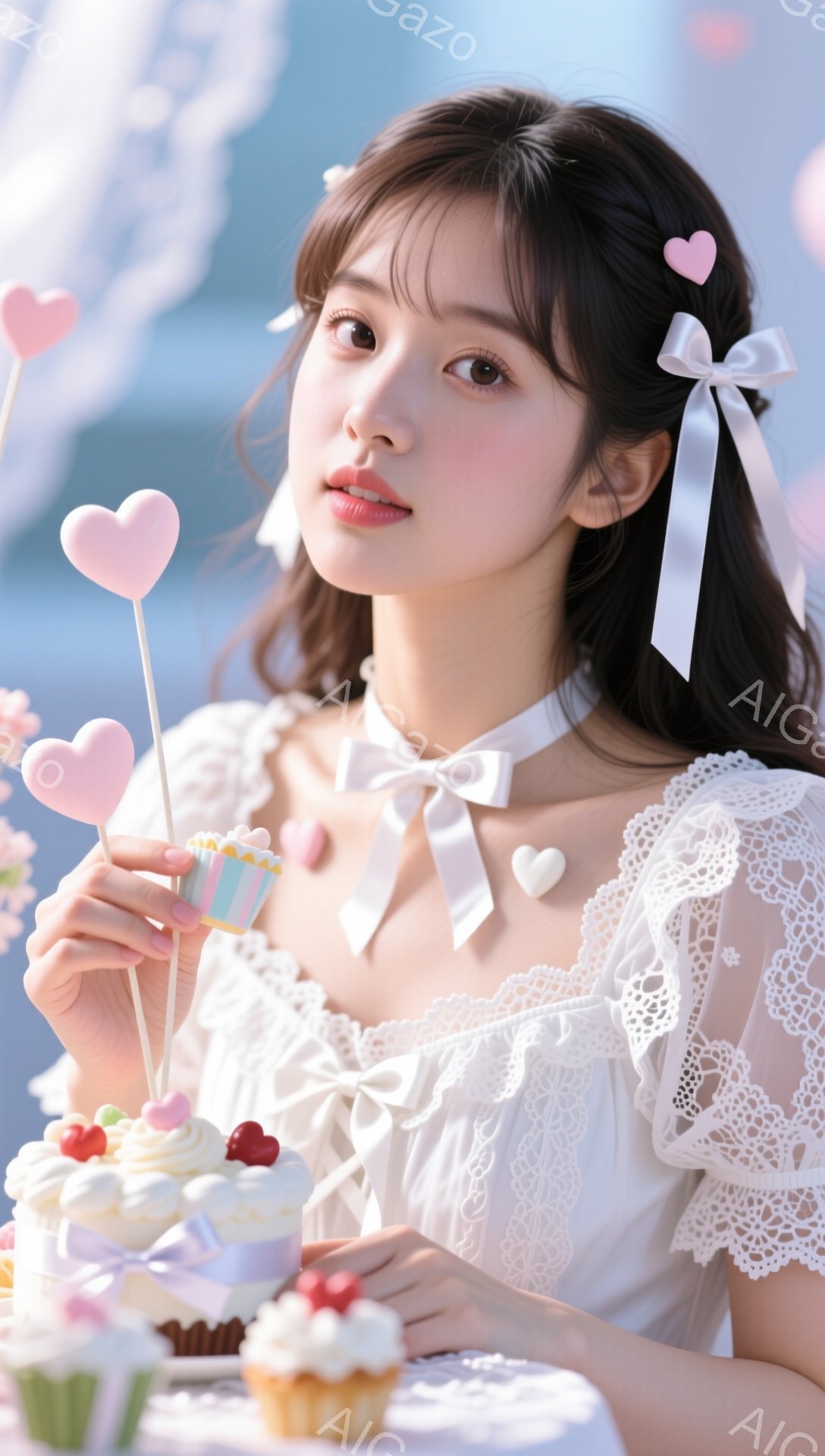 明るい日差しの中で、白いレースのワンピースを着た若い女性が、ピンク色のハートのキャンディを手に持っています。彼女は少し微笑み、柔らかい表情で、茶色の髪はリボンで飾られ、全体的に甘く優しい雰囲気です。テーブルの上には、カップケーキや小さなケーキが置かれており、パステルカラーの背景が、夢のような世界観を演出しています。