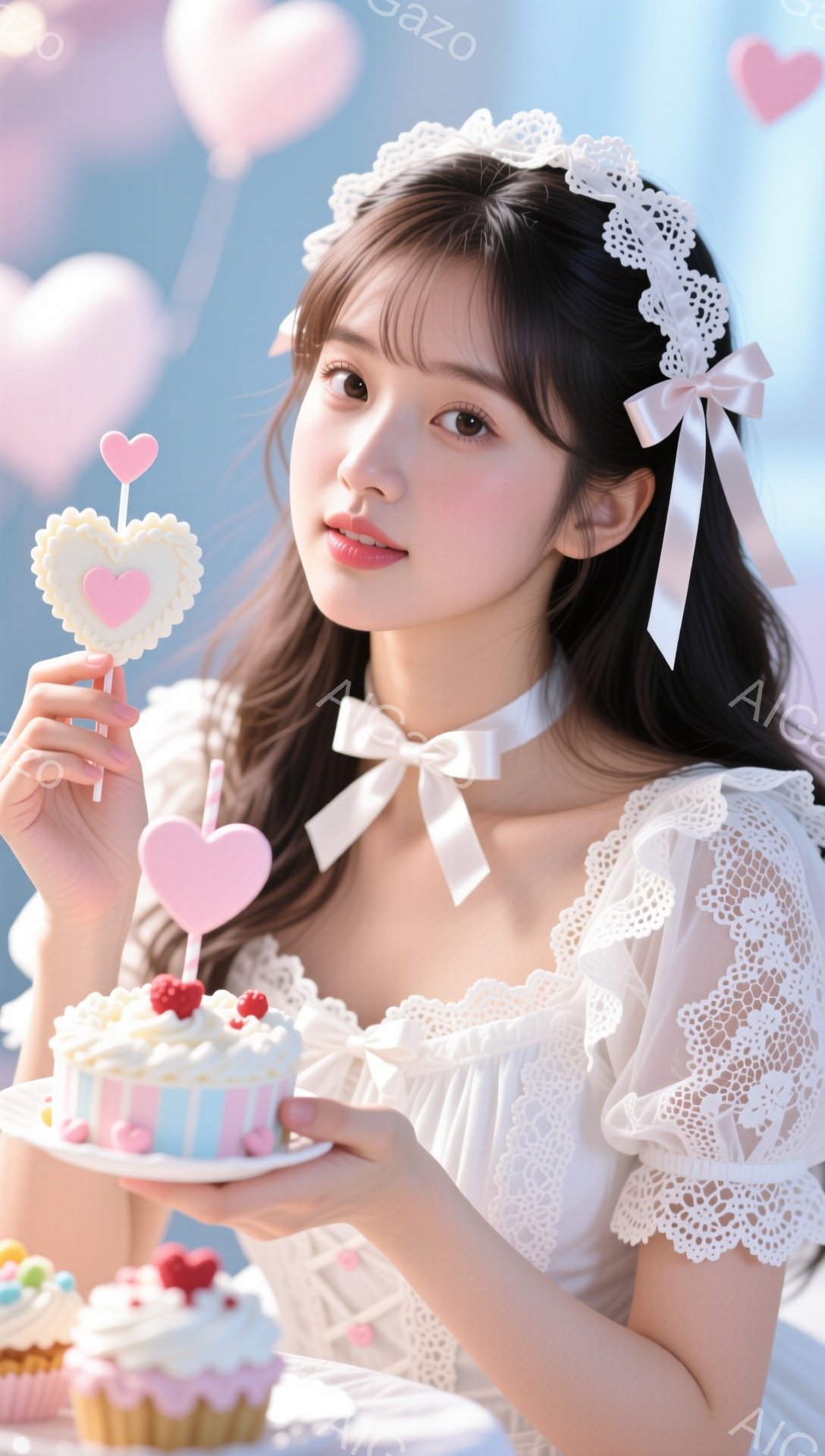 長い黒髪に白いレースのヘッドドレスをつけ、可愛らしい表情の若い女性が写っている。彼女は白いレースのブラウスとスカートを身に着け、片手にピンク色のハート形のキャンディー、もう片手にはクリームとベリーが飾 - AI生成フリー素材