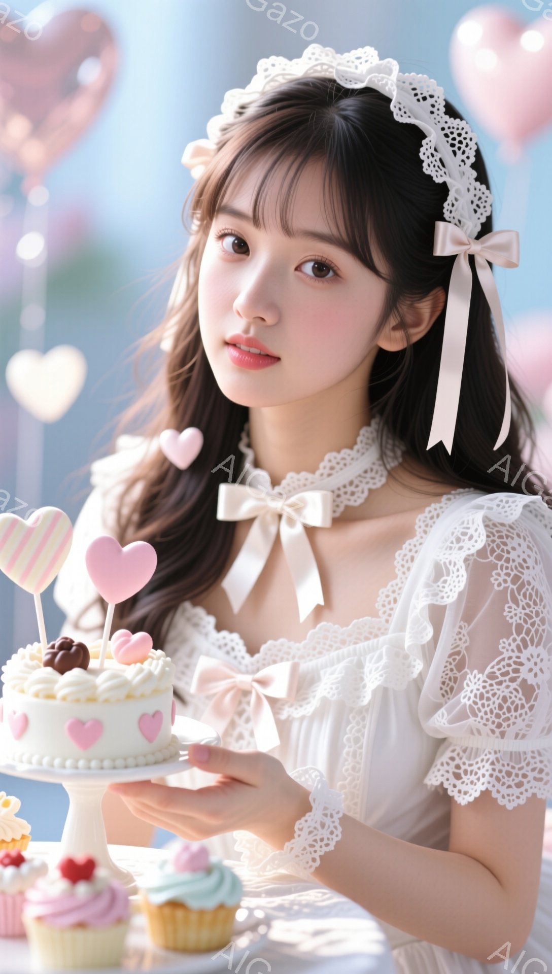 明るい髪に白いリボンが飾られた女性が、レースのフリルが可愛らしい白いドレスを着ています。彼女は微笑みを浮かべ、片手に小さなケーキを乗せたケーキスタンドを持っています。背景にはパステルカラーのハート型の - AI生成フリー素材