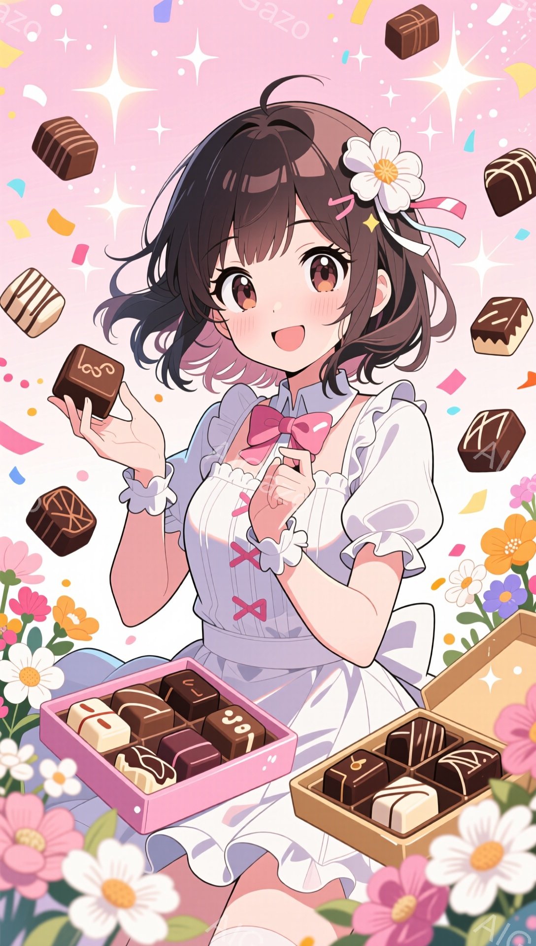 画像は、茶色の巻き髪に白い花飾りをつけた若い女性を描いています。彼女は白いエプロンを身に着け、笑顔でチョコレートの箱を両手に抱え、周囲にはチョコレートと花が舞い散っています。背景はパステルカラーで、明 - AI生成フリー素材