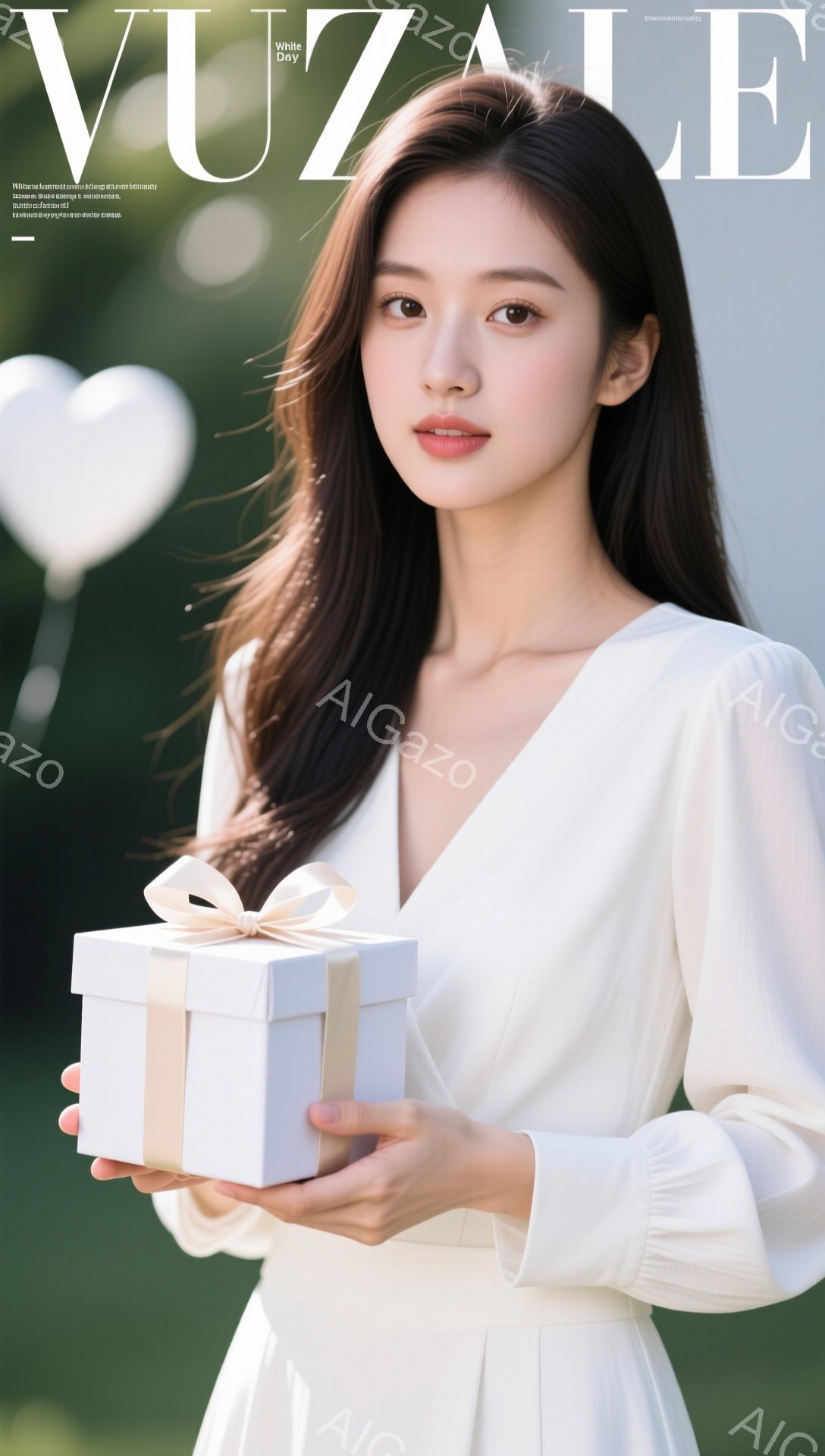 この画像は、美しい若い女性が白いドレスを着て、白いプレゼントの箱を抱えています。彼女は軽く微笑んでおり、長い茶色の髪は肩にかかっています。背景はぼやけており、白い花びらが舞い散る様子がわずかに見え、全 - AI生成フリー素材