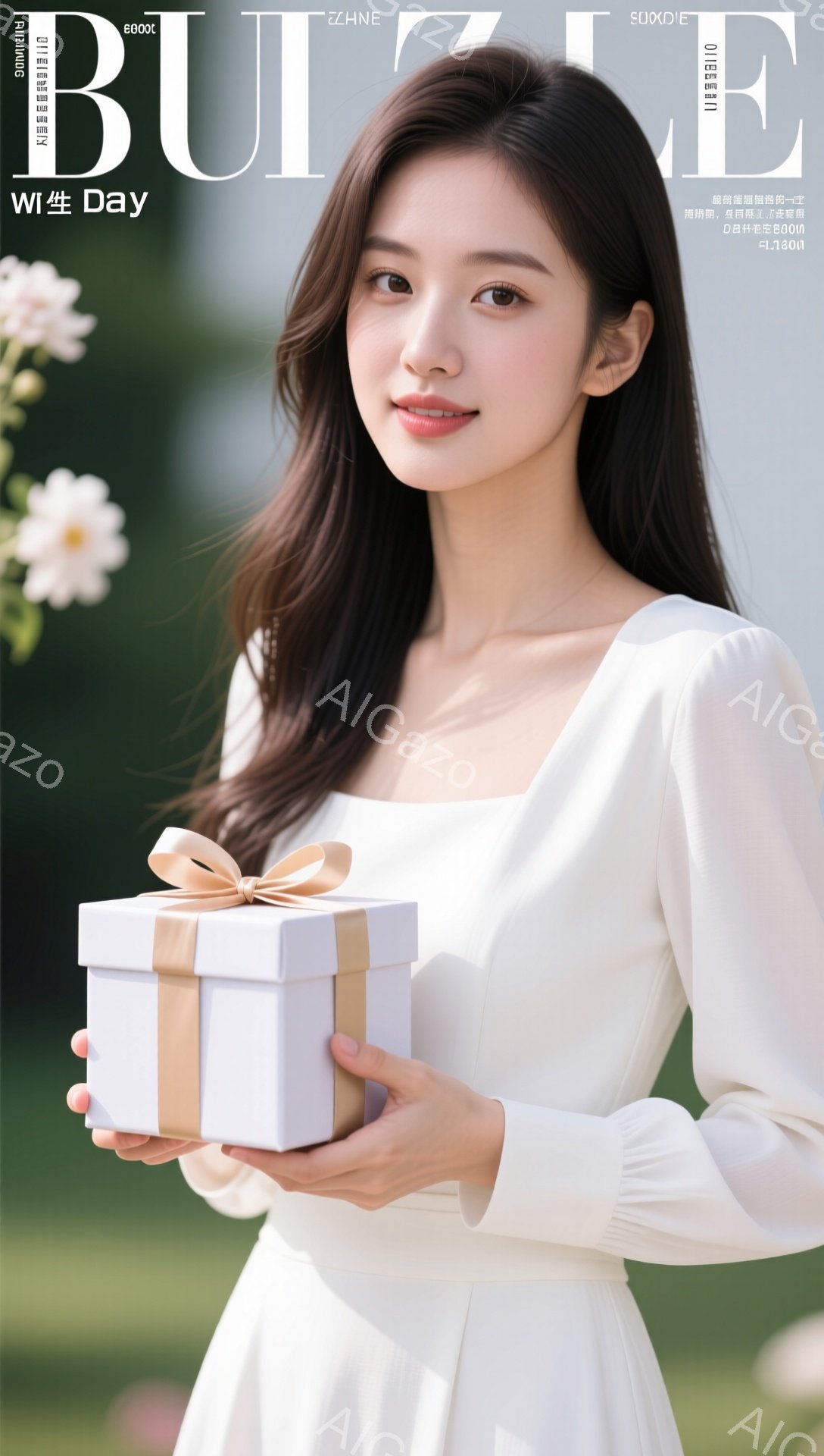 白いドレスを着た若い女性が、大きな白いギフトボックスを抱えています。彼女は微笑んでおり、髪は長くストレートで、顔の横に少しカールしています。背景はぼやけた花々で、全体的に柔らかく、幸せな雰囲気が漂っています。