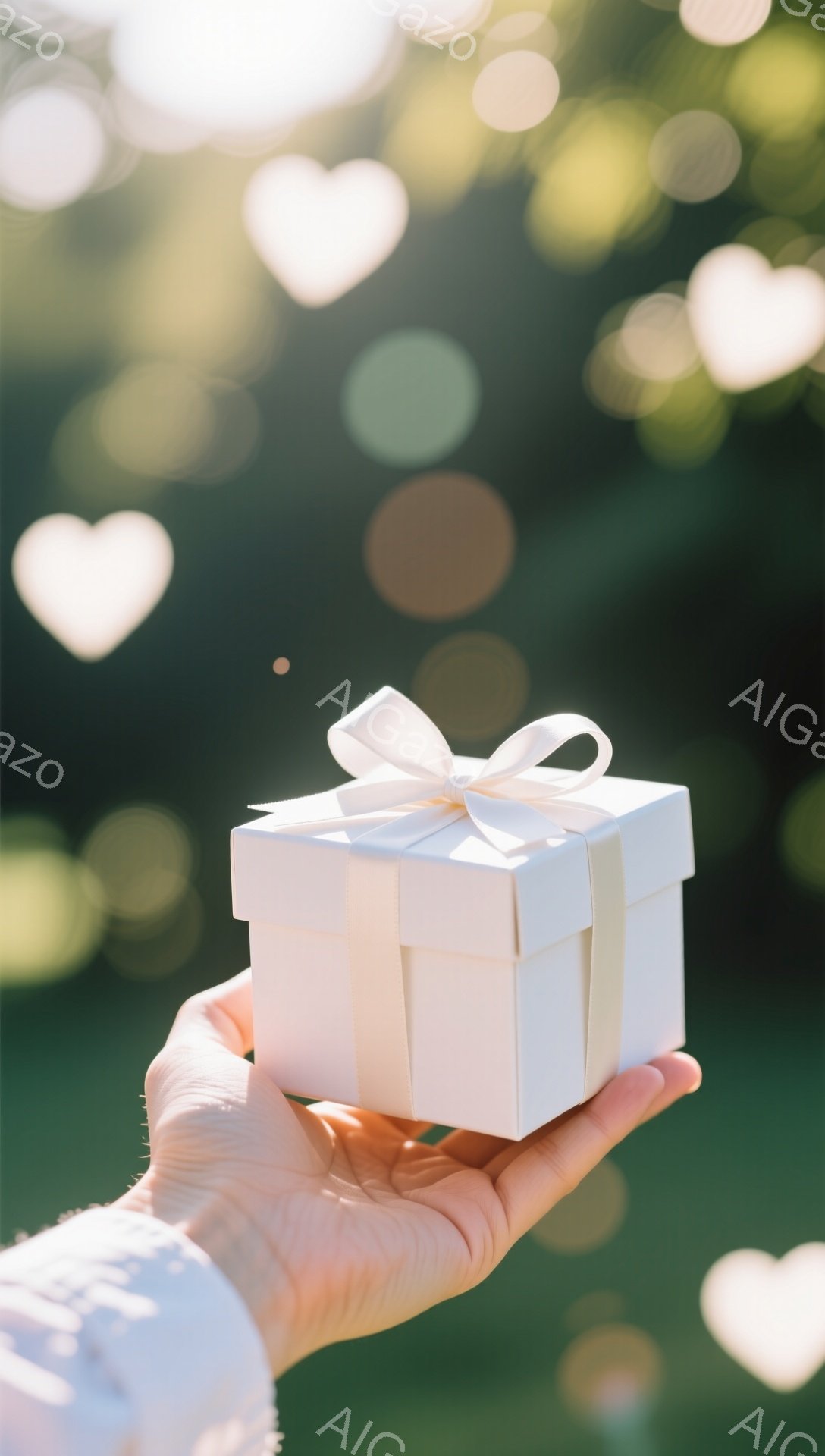 手のひらに、白い包装紙で丁寧に包まれた小さな正方形のギフトボックスが載っています。ボックスには白いリボンが結ばれており、背景にはぼやけた緑色の自然と、ハート型の光のフレアが散りばめられています。全体的に、穏やかでロマンチックな、贈り物を受け取るか、与えるかという期待感に満ちた雰囲気が漂っています。