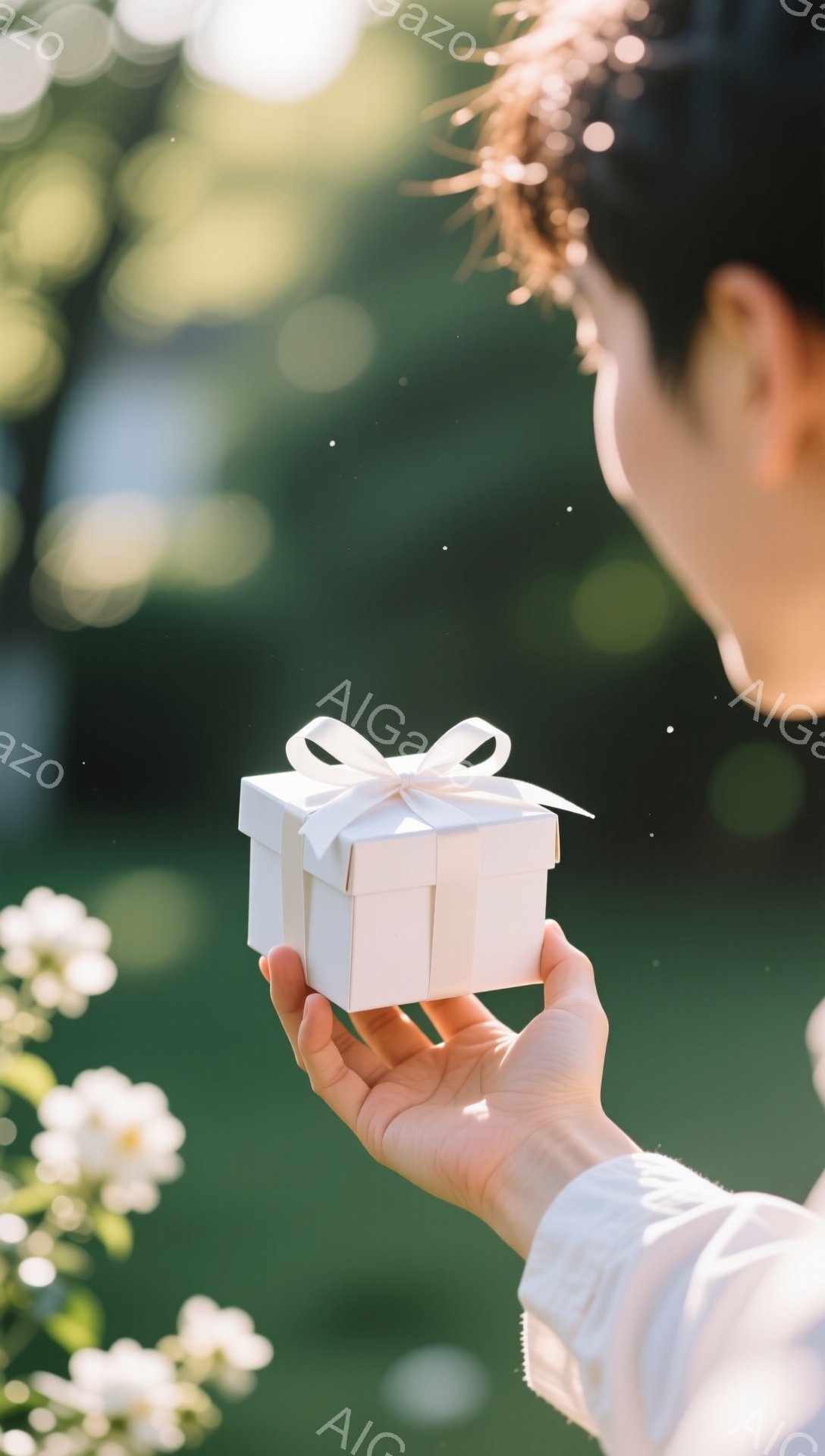 白いブラウスを着た人物が、小さな白いギフトボックスを手のひらで差し出している様子が捉えられています。背景は緑豊かな植物とぼやけた光で、春または夏の穏やかな日の、贈り物をする瞬間を表現しています。全体的 - AI生成フリー素材