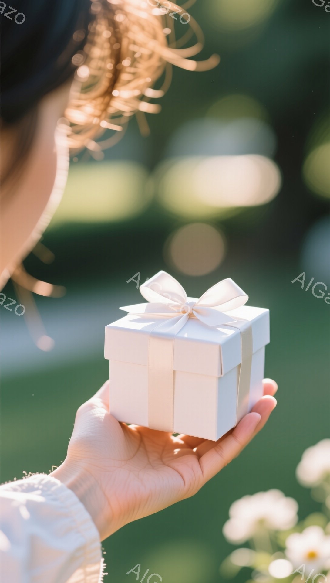 一人の女性が小さな白いギフトボックスを手で持っています。彼女の髪は明るい茶色で、後ろでゆるく編まれており、白いレースの袖が見えます。背景は緑豊かな草と白い花で、柔らかい光が差し込み、ロマンチックで穏やかな雰囲気を醸し出しています。