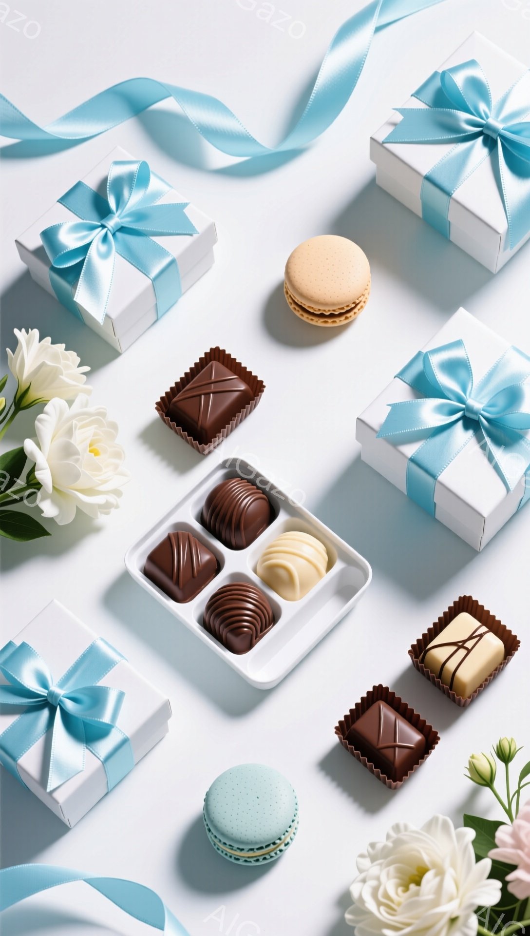 白い背景の上に、チョコレート、マカロン、そしてリボンで飾られたギフトボックスが配置されています。チョコレートは様々な色合いがあり、ギフトボックスは明るい青色のリボンで丁寧に結ばれています。全体的に、上品で優しい雰囲気を醸し出しており、特別な日の贈り物やデザートの盛り合わせを思わせます。