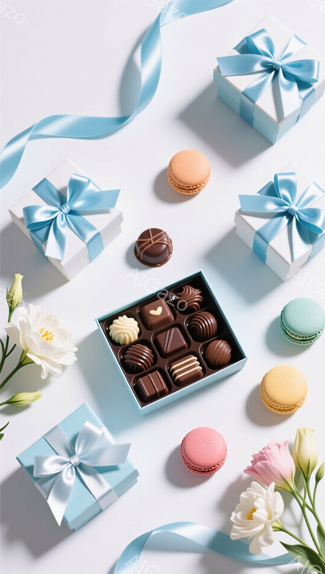 白い背景に、水色のリボンでラッピングされたギフトボックス、マカロン、チョコレートが配置されています。チョコレートは、青い箱の中に整然と並べられ、様々な形と色合いを見せています。全体的にパステルカラーで統一され、優雅で甘い雰囲気を醸し出しています。