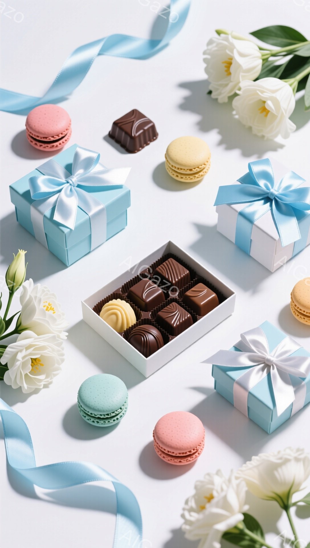 白い背景に、淡い青色のギフトボックス、マカロン、チョコレートが散りばめられています。白いバラの花と青いリボンが添えられ、上品で甘い雰囲気を醸し出しています。チョコレートは箱の中に整然と並べられており、色彩豊かで美しい構図です。