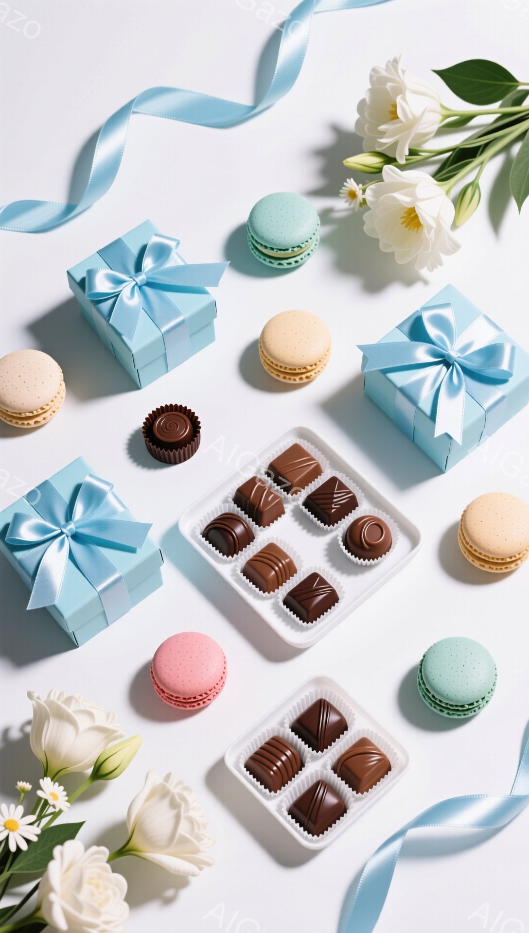 白い背景の上に、マカロン、チョコレート、ギフトボックスが配置されています。淡いブルーのリボンが添えられ、白と黄色の花がアクセントとして使われています。全体的に柔らかく、上品な雰囲気で、お祝いやプレゼントのイメージを喚起させます。